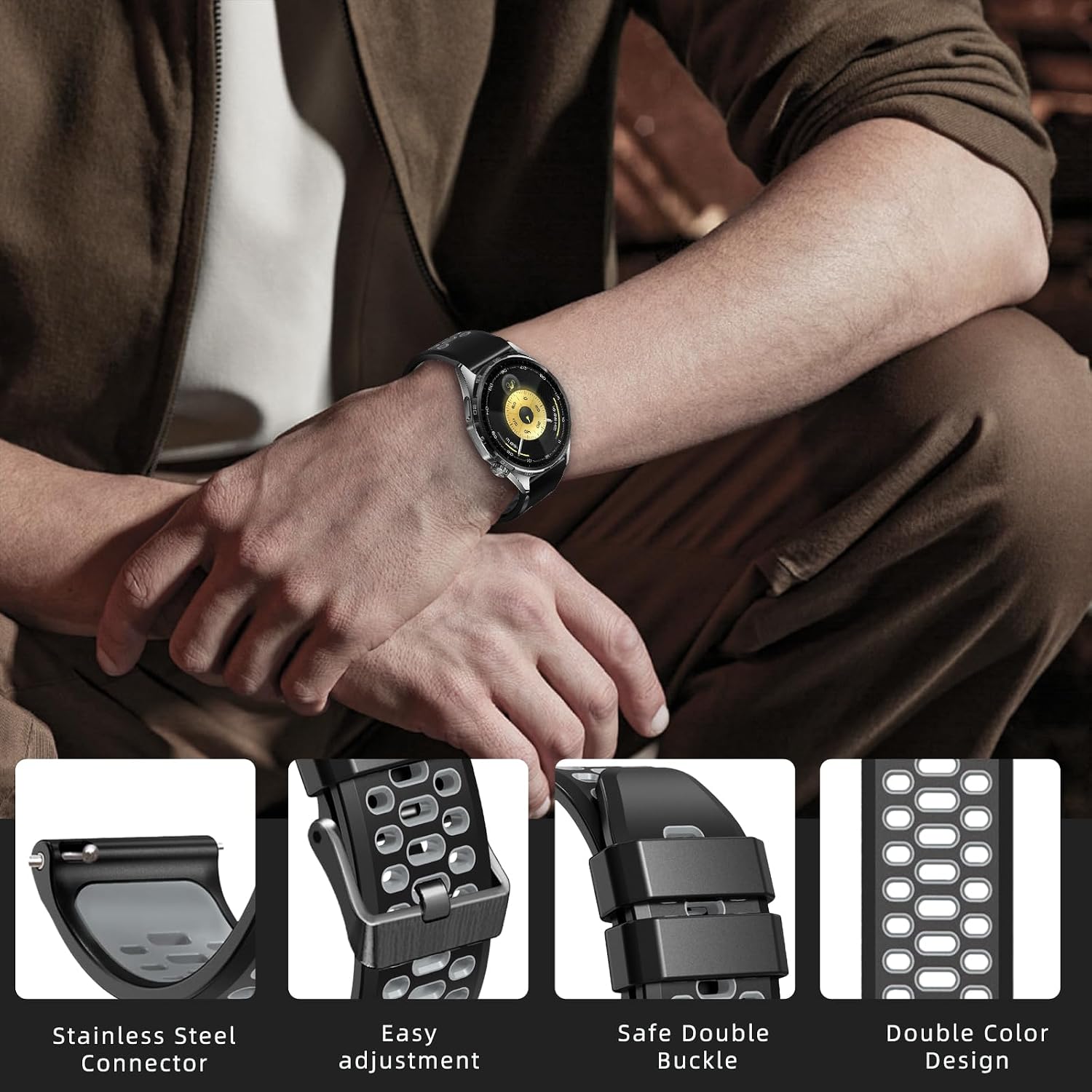 Detalle de RosMank 22mm Silicone Watch Strap for Huawei Watch GT6 Pro (46mm) and GT5/GT4/GT3 Series