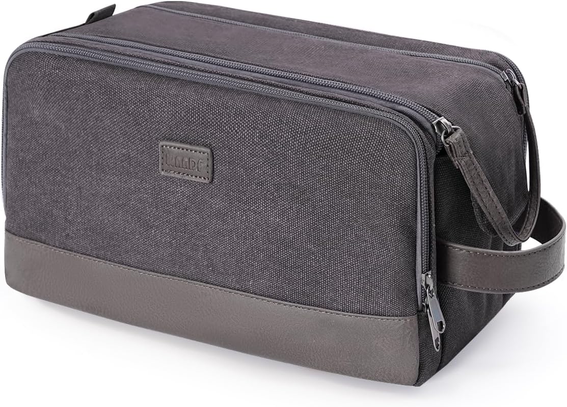 Detalle de WANDF Toiletry Bag for Men Travel Wash Bag: Large Capacity Dopp Kit in Grey (Water-Resistant Canvas & PU Leather)