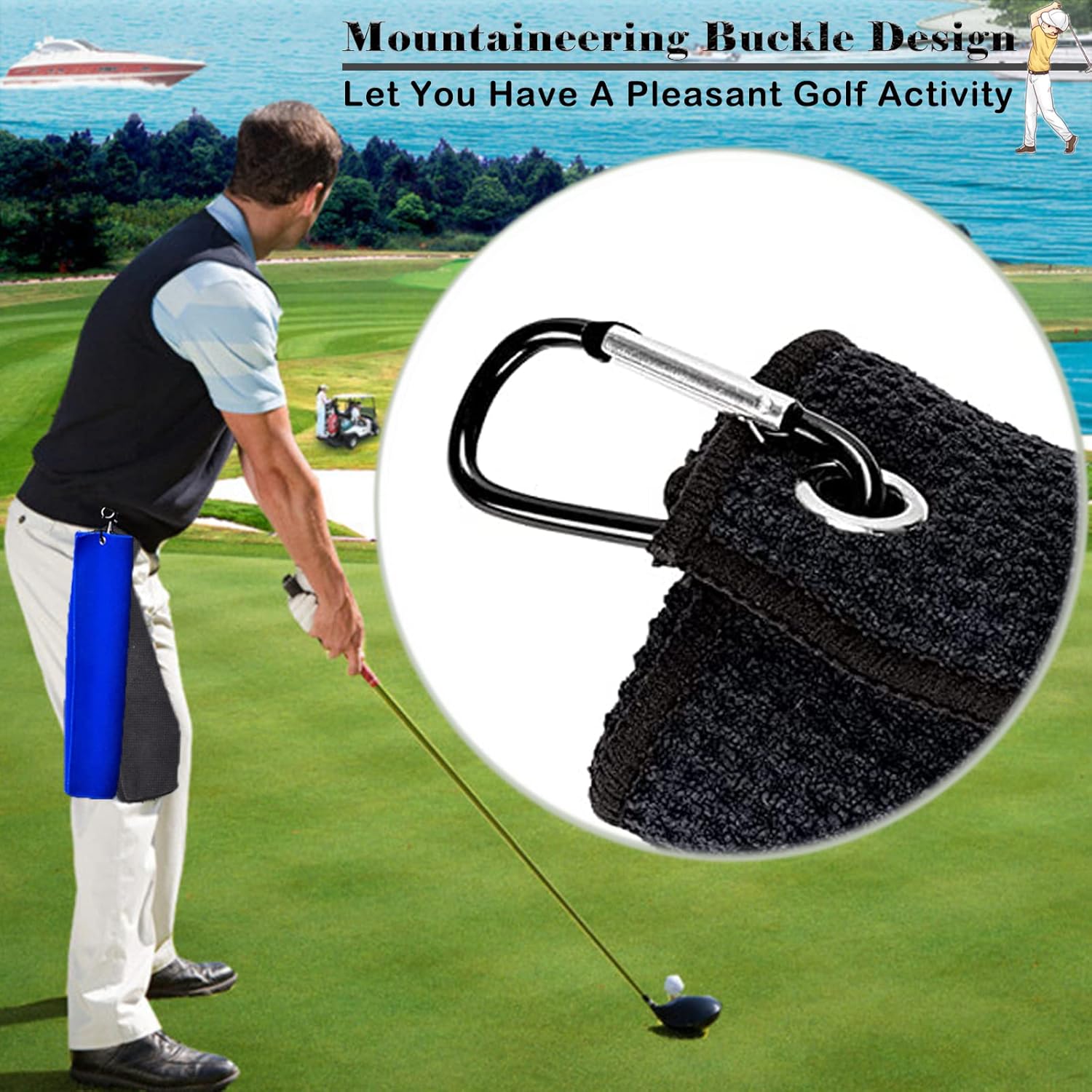 Thumbnail 2 de QeeHeng 2er Golf-Handtuch-Set aus Mikrofaser mit Waffelmuster, 60 × 40 cm, Tri-Fold inkl. Karabiner-Clip – Schwarz/Blau
