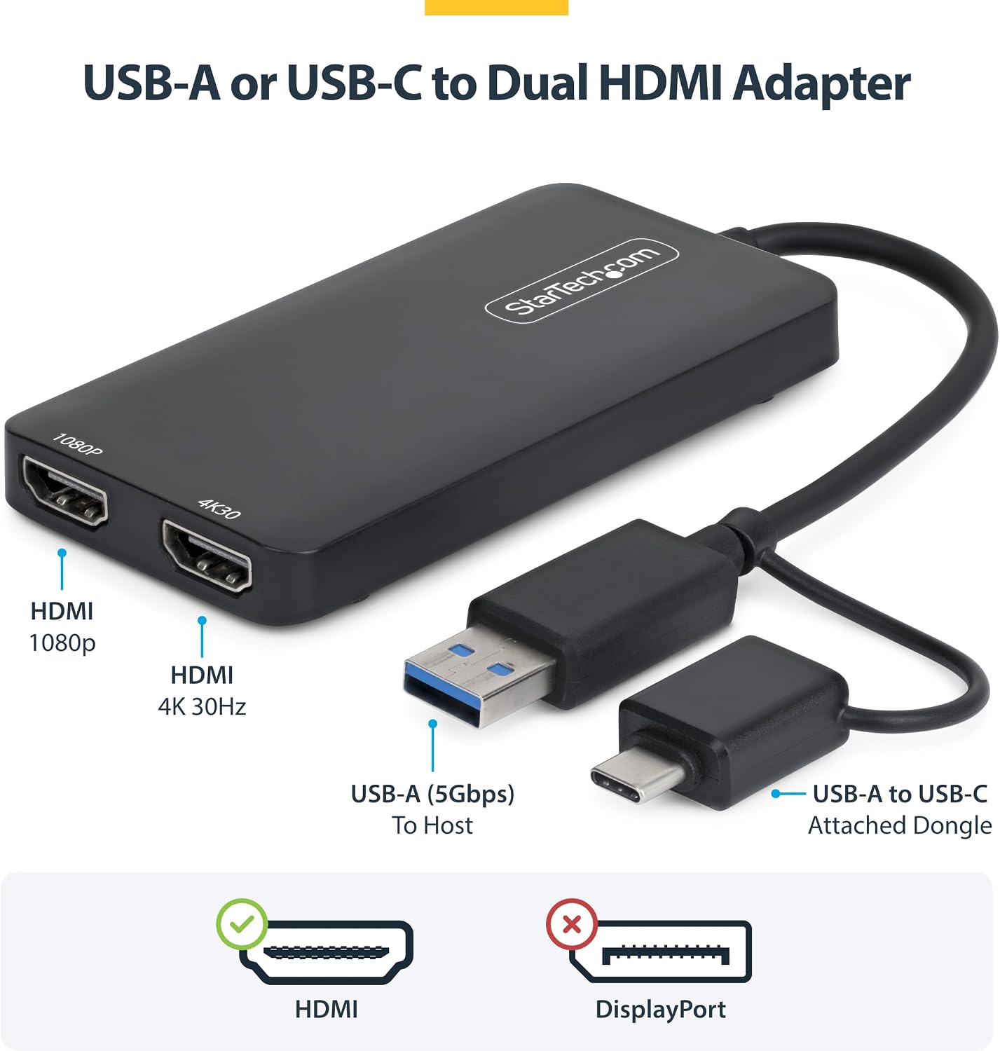 Thumbnail 1 de StarTech USB-A and USB-C to Dual HDMI Adapter (4K30 + 1080p) — USB 3.0, 2 Displays, Windows/ChromeOS/Ubuntu