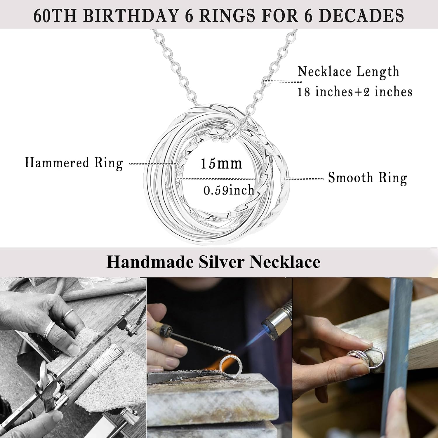 Detalle 2 de PRETOLE 60th Birthday Interlocking Circles Necklace in Sterling Silver