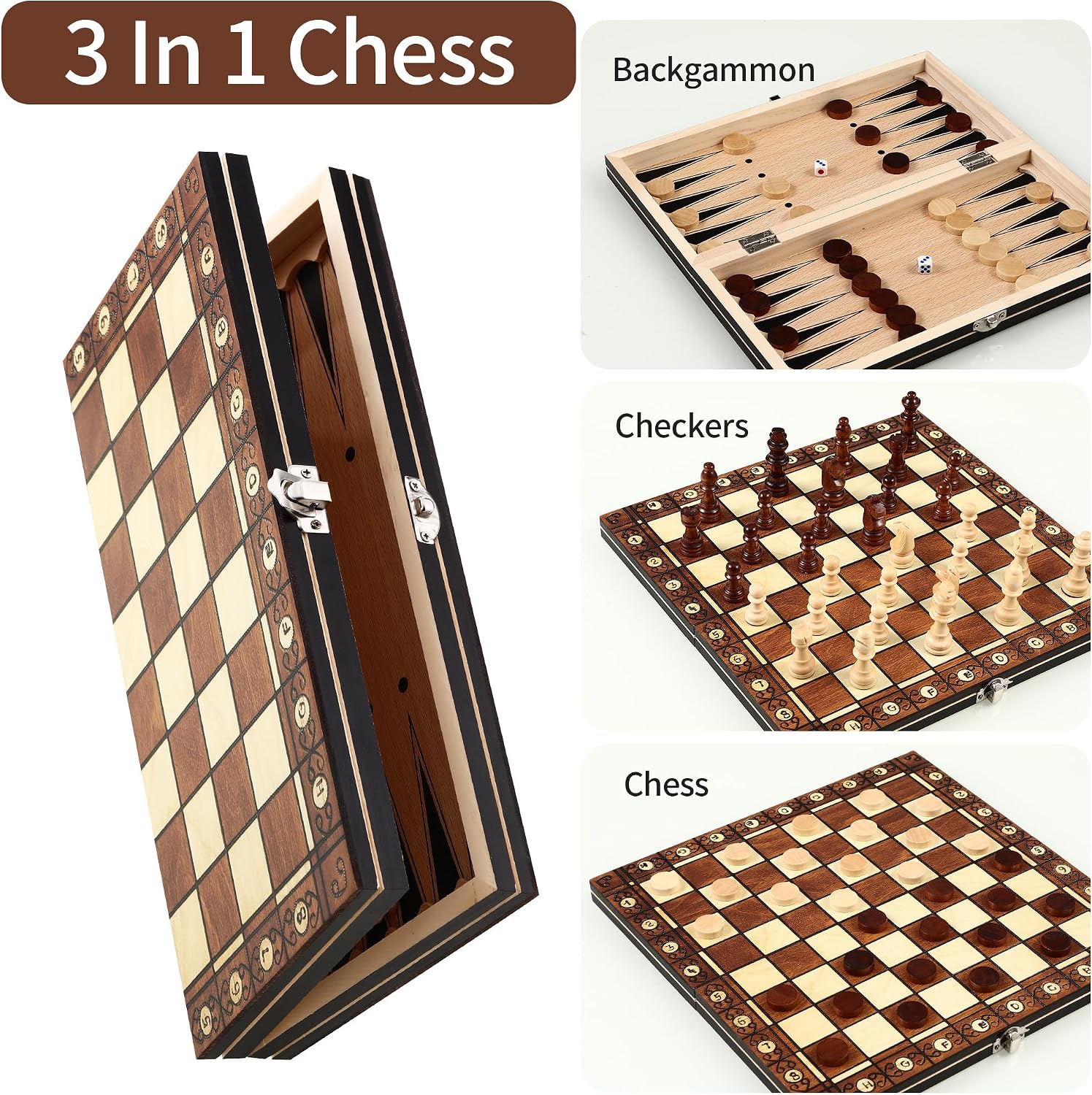 Detalle de Scacchiera magnetica pieghevole in legno 3 in 1 (29x29 cm) per scacchi, dama e backgammon