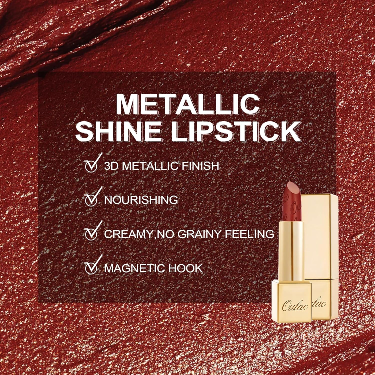 Detalle de OULAC Lippenstift Metallic Glanz Finish – Rot, langanhaltender Glitzer-Lippenstift (4,3 g, GM13)