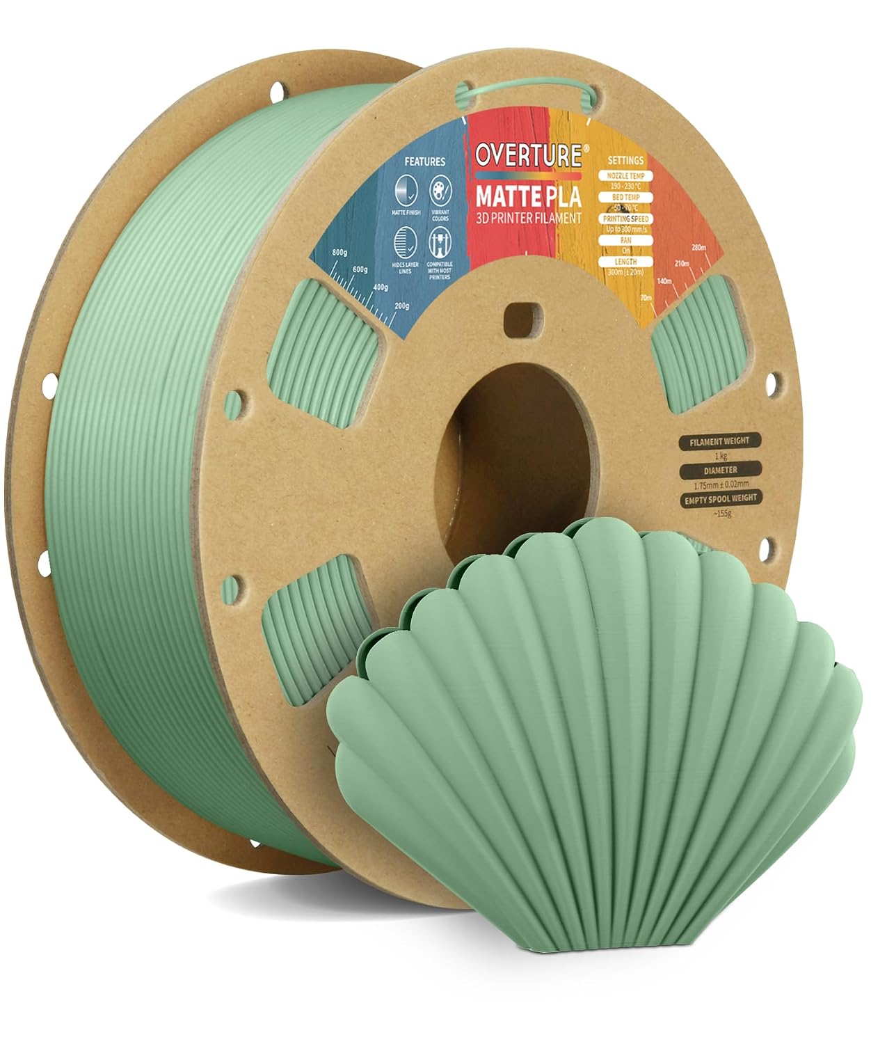 Imagen de OVERTURE Mattes PLA-Filament 1,75 mm – 1 kg Spule, Hellgrün, matte Oberfläche en OfertitasTOP