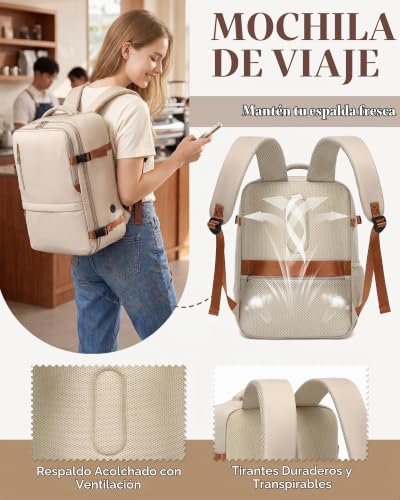 Detalle 2 de VMIKIV mochila de viaje 24 L beige claro con apertura 180° y bolsillo antirrobo