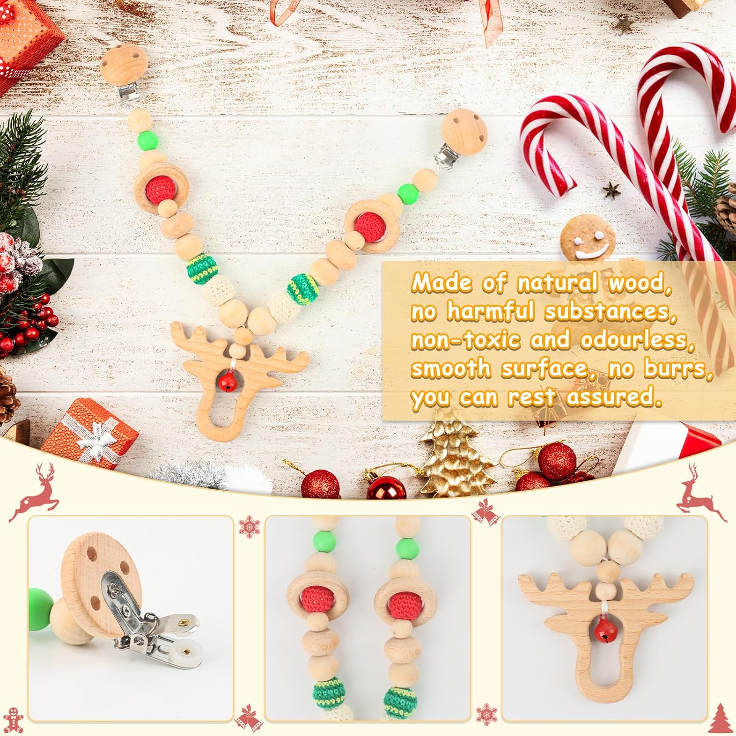 Thumbnail 2 de JWTRSVTY Kinderwagenkette aus Holz mit Elch/Hirsch-Design – Weihnachtsanhänger für Babys ab 0+ Monaten