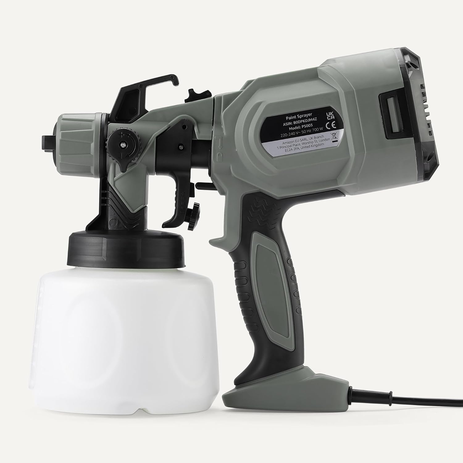 Detalle de Amazon Basics Pistolet Pulvérisateur Électrique 700 W – Réservoir 1200 ml, 4 buses et 3 motifs de pulvérisation