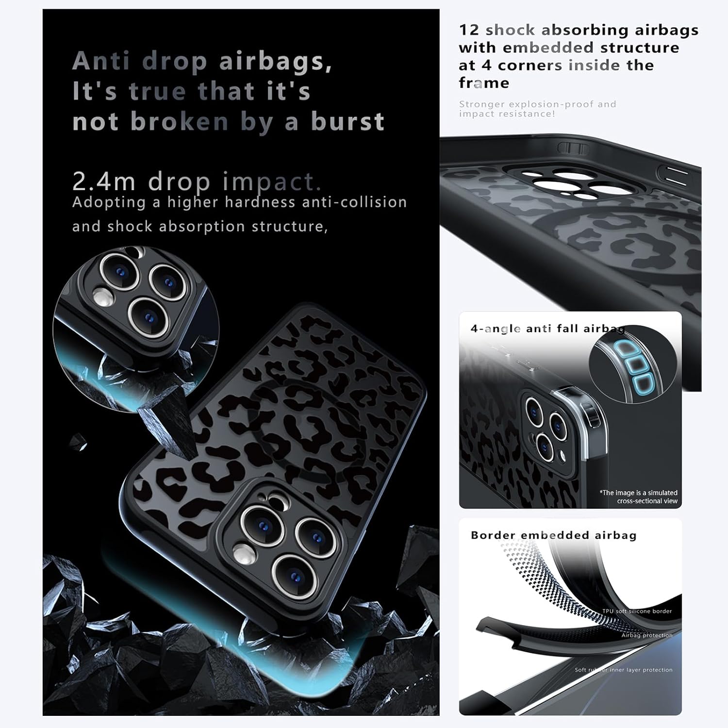 Detalle de Oxytter Magnetic Case for iPhone 15 Pro Max, Black Leopard, MagSafe Compatible