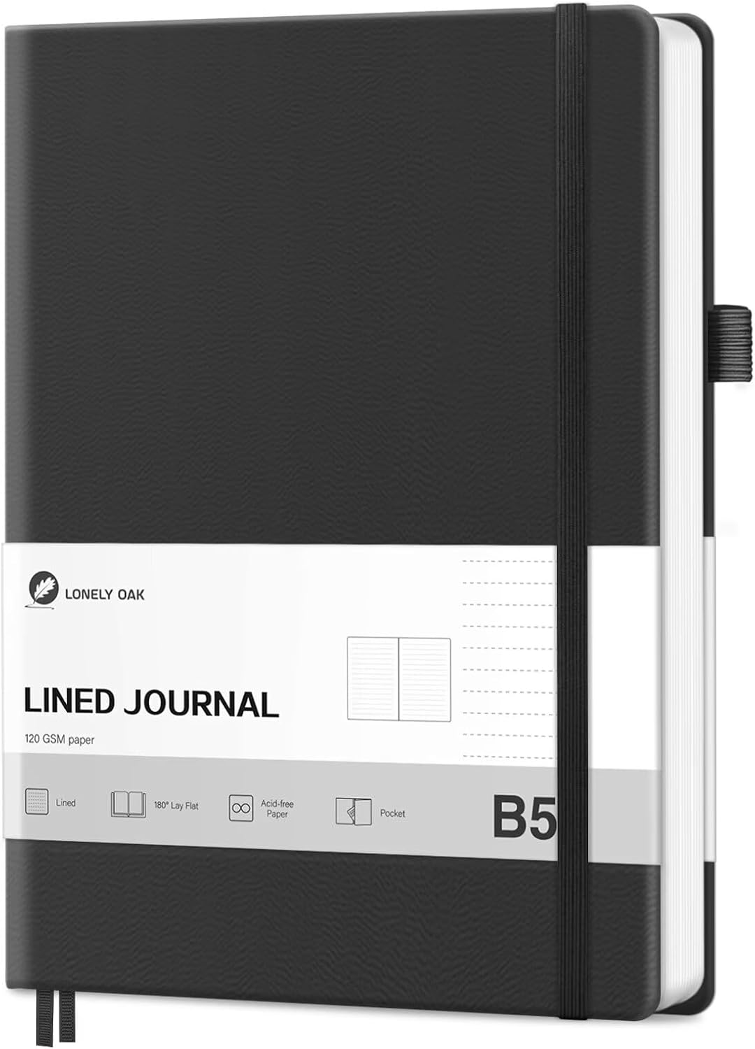 Detalle de Lonely Oak Notizbuch B5 liniert Hardcover (19,3 x 25,4 cm) mit Gummiband & Innentasche