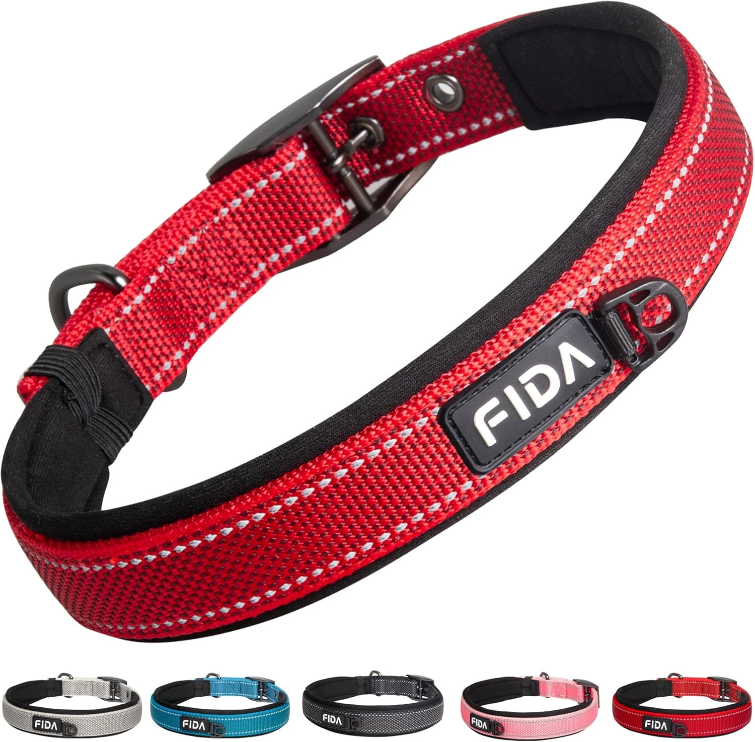 Detalle de Fida Padded Dog Collar with Metal Belt Buckle – Red, Heavy Duty for Large Dogs