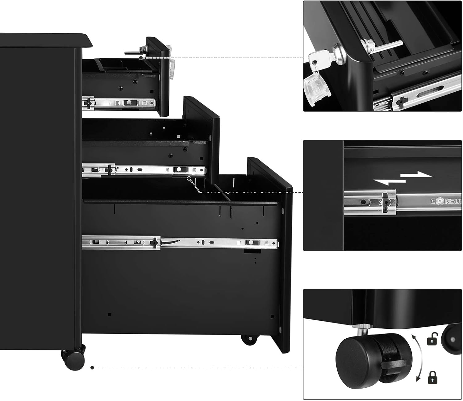 Thumbnail 5 de SONGMICS Rollcontainer OFC030B01 – abschließbarer Aktenschrank mit 3 Schubladen und Rollen für DIN-A4/Legal/Letter