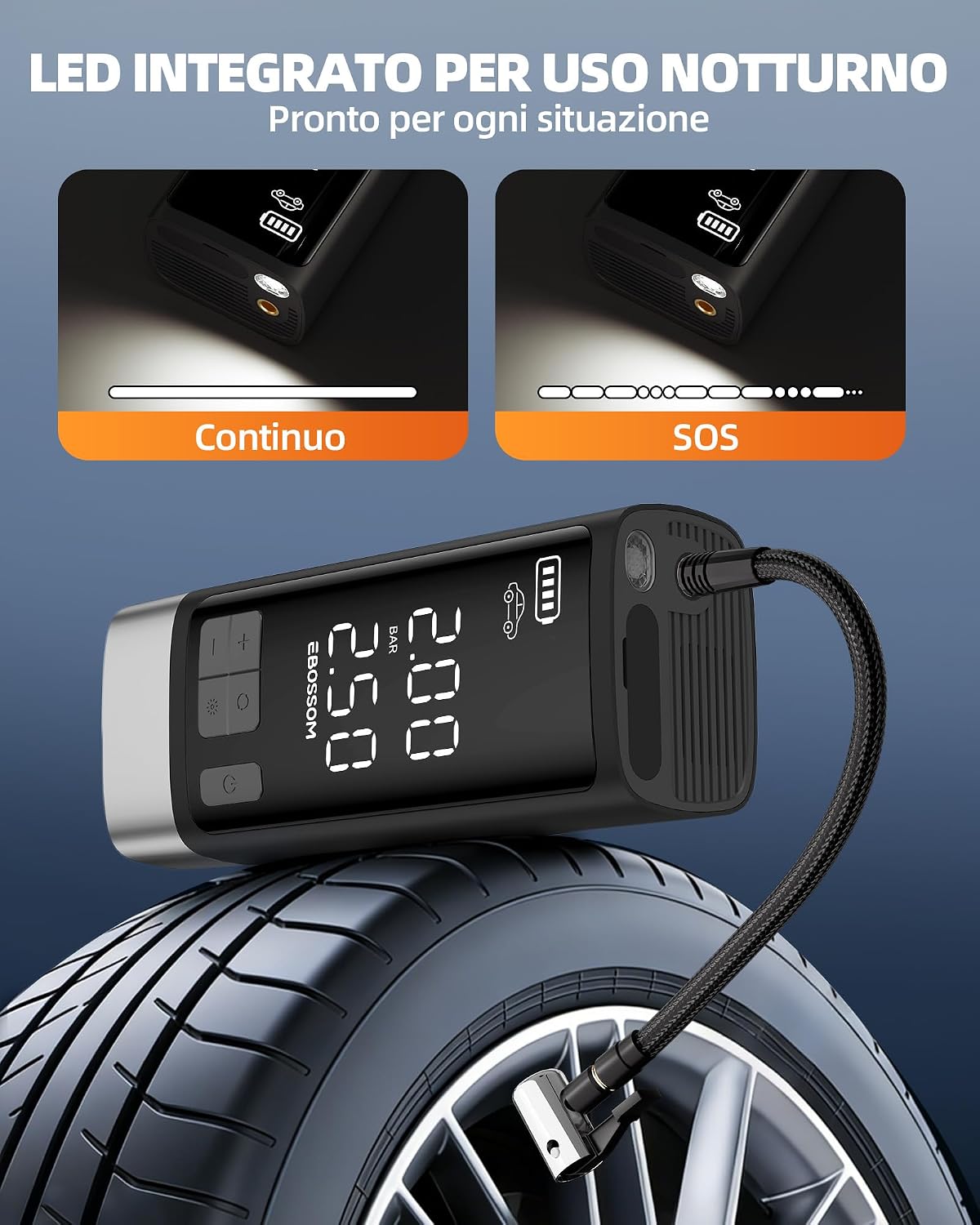 Detalle de Compressore Aria Portatile Auto 10,3 Bar – Kit Emergenza Multifunzione con LED e Batteria 2500 mAh