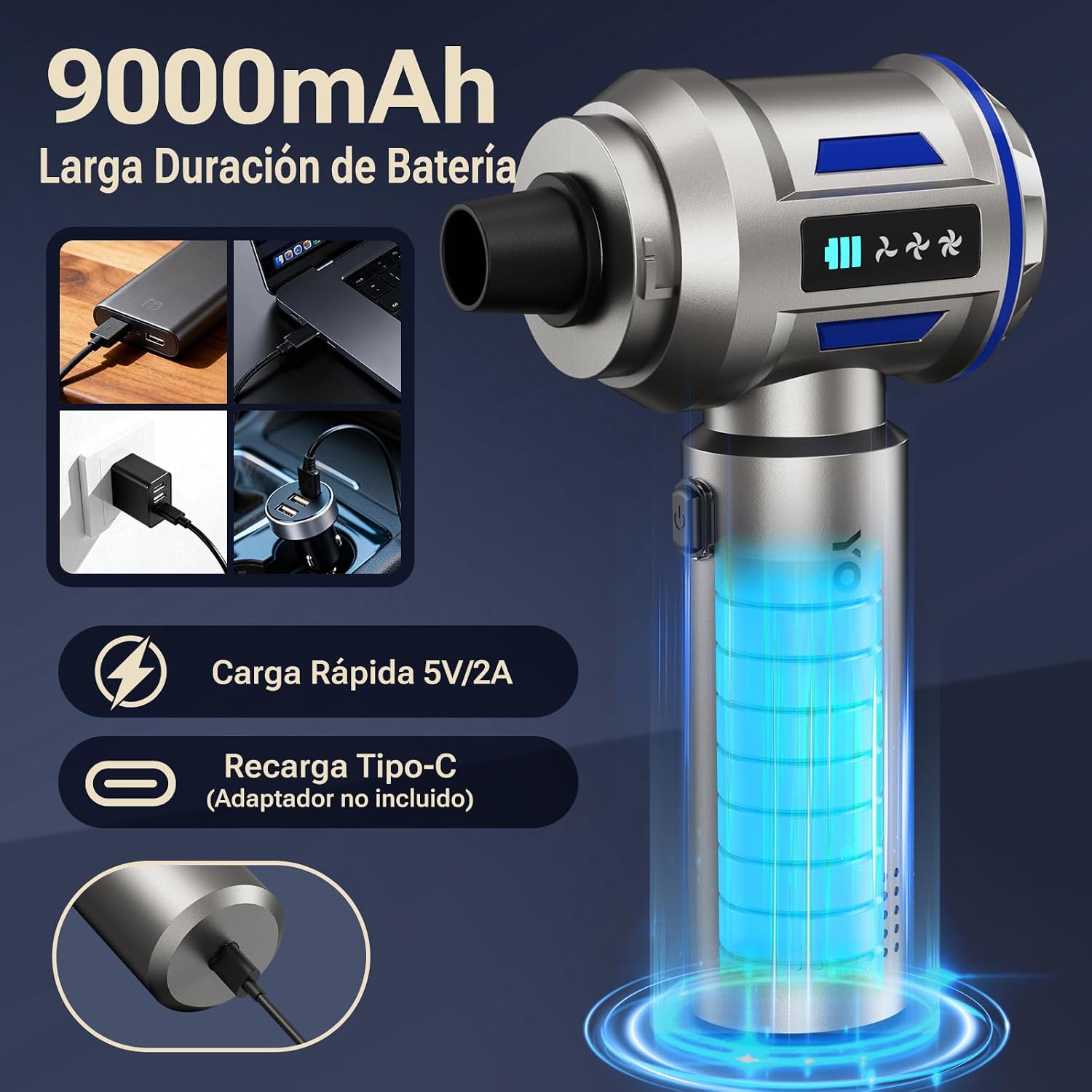 Detalle de Yomile Aspirador de Mano 4 en 1 sin cable 27.000Pa/120W (27000Pa) con batería 9000mAh y USB‑C