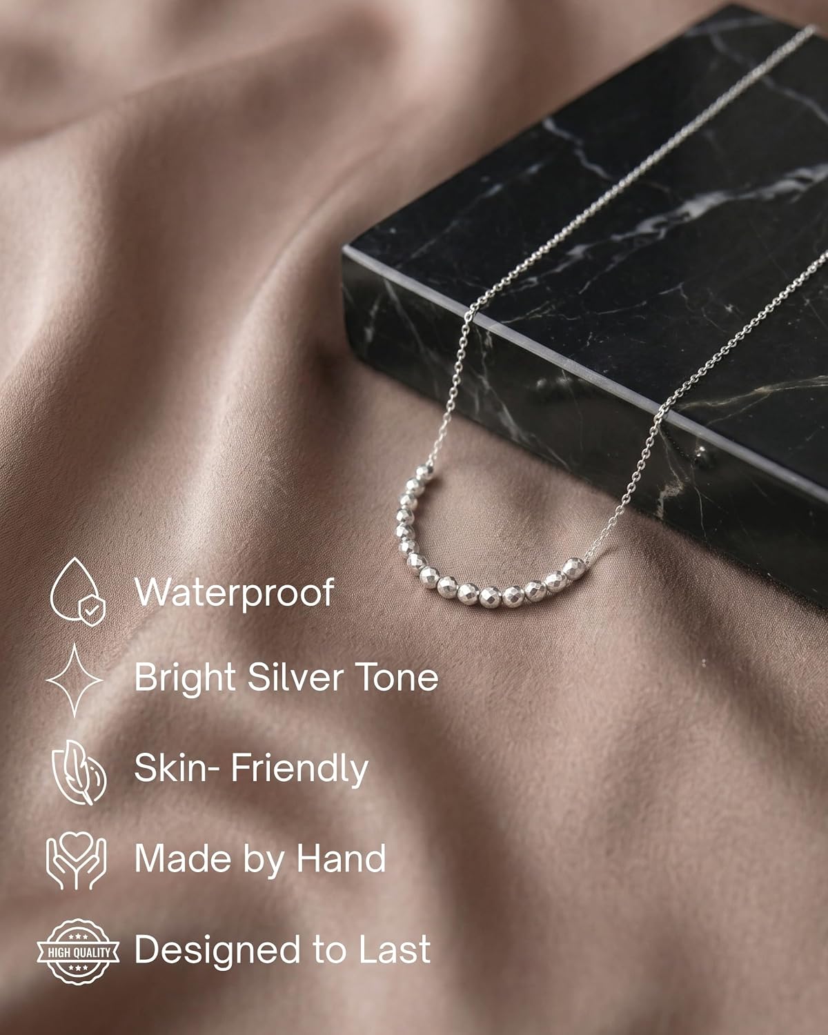 Thumbnail 2 de Annika Bella Silver Beaded Necklace for Women — Dainty 16 Faceted Beads Bar Pendant, Waterproof & Tarnish-Resistant, 15" + 2" Extender