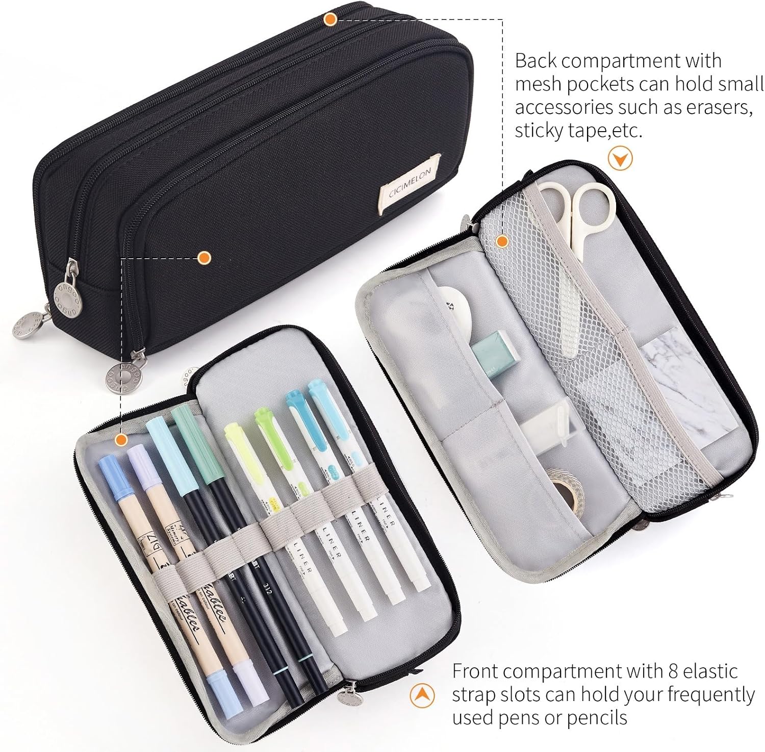 Detalle de CICIMELON Large Capacity 3-Compartment Pencil Case, Black