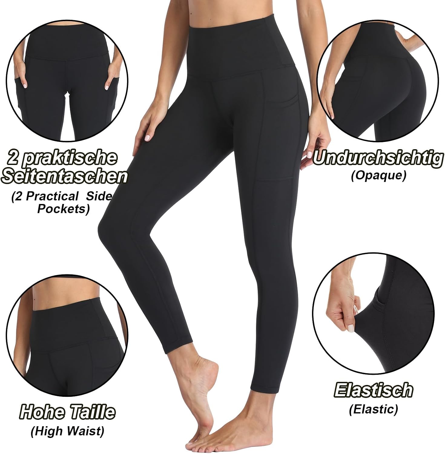 Detalle 2 de FOTOCITI Gym Leggings for Women with Pockets – Black high waisted tummy control workout leggings