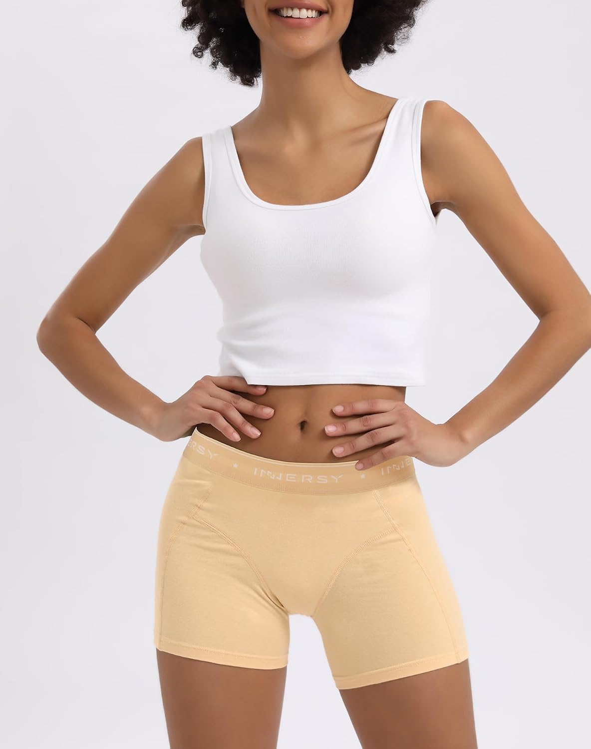 Detalle de INNERSY Damen-Boxershorts aus Baumwolle im 3er-Pack – mittellange Beine, Hipster/ Boyshorts