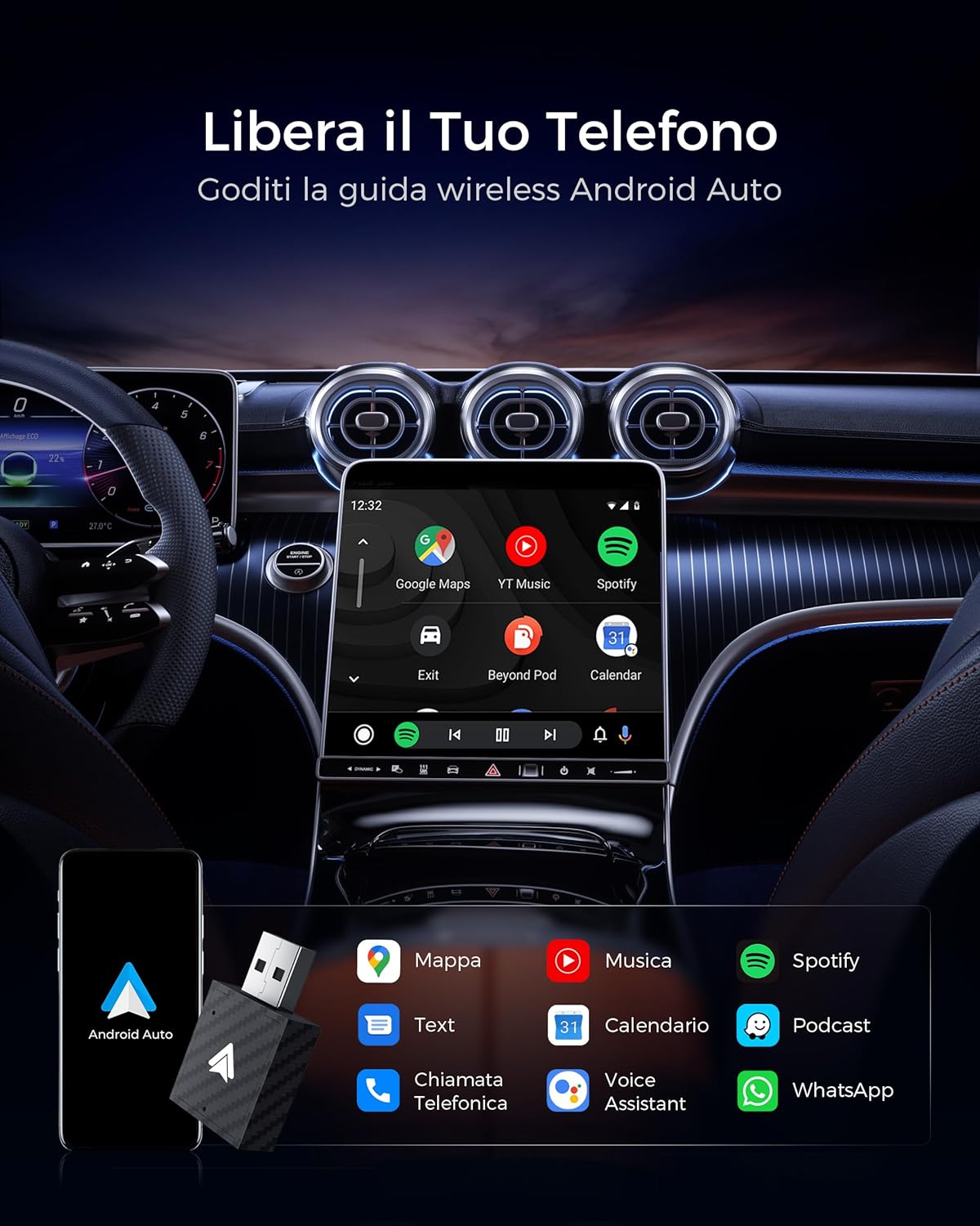 Thumbnail 1 de WityEye Adattatore Android Auto Wireless, AA Wireless per Android 11+ – USB, Bluetooth 5.3, WLAN 5.8 GHz, Bianco
