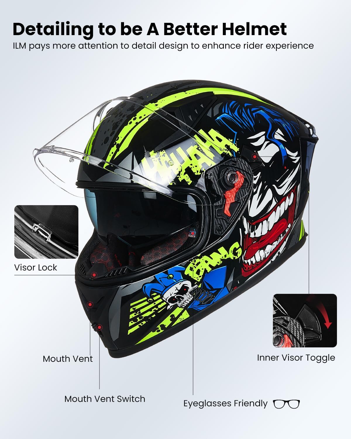 Detalle 2 de ILM Z501 Full-Face Motorcycle Helmet (Surprise Yellow, Medium) with Clear & Tinted Visors