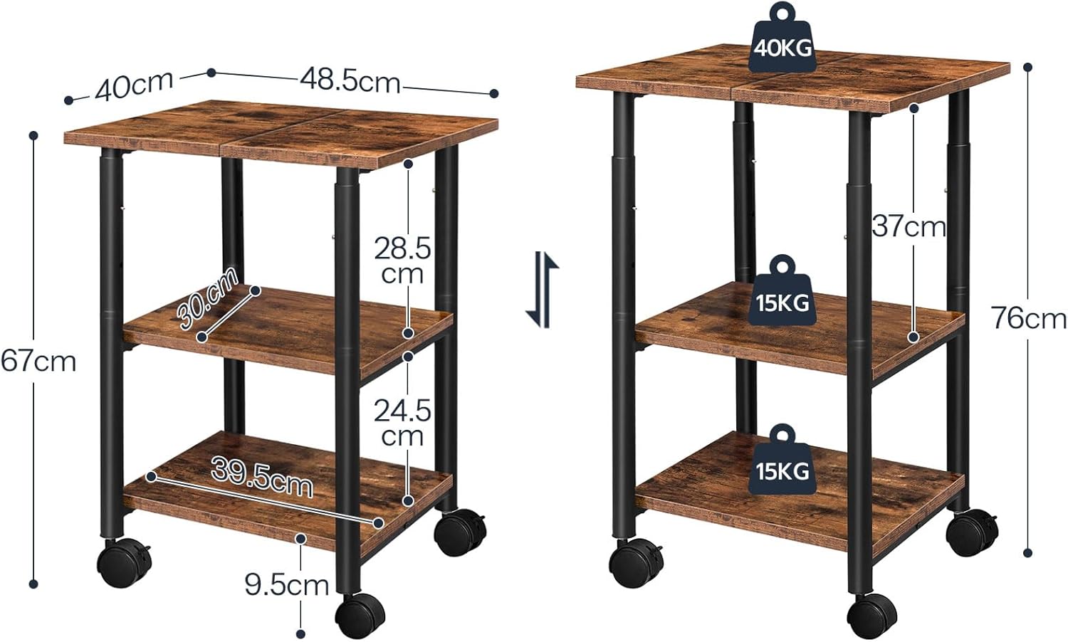 Detalle de HOOBRO Druckertisch EBF03PS01G1 mit 3 Ebenen, höhenverstellbar und arretierbaren Rädern