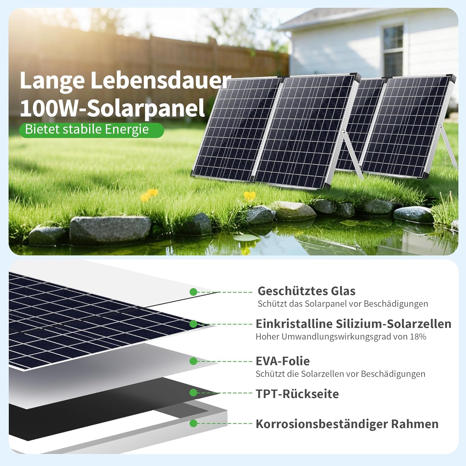 Detalle de POPOSOAP Pompe solaire de bassin - 100 W, débit réglable jusqu’à 4500 l/h, 3 buses et doubles panneaux solaires
