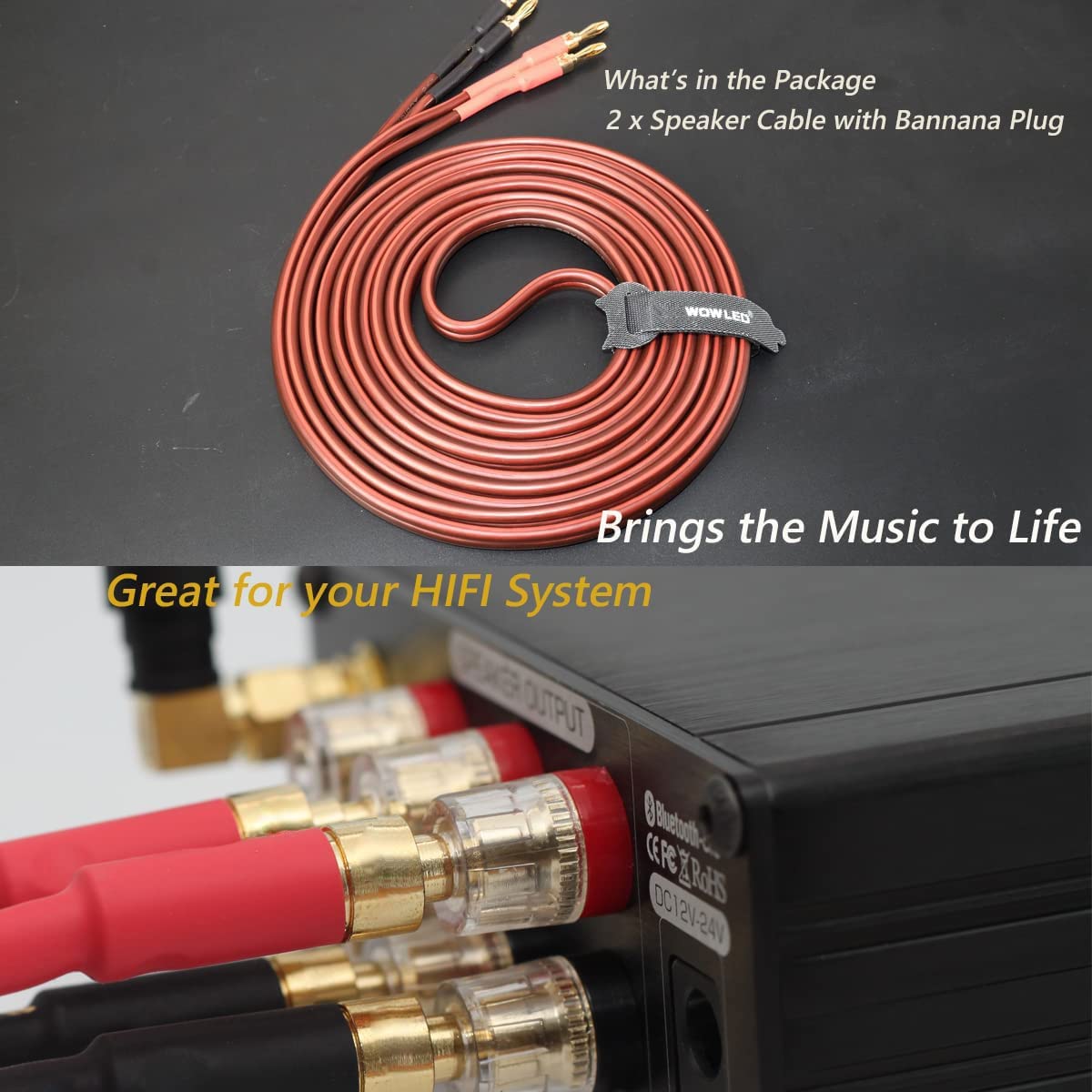Thumbnail 5 de WOWLED 2 Pack Pure Copper OFC HiFi Speaker Wire (14 AWG) with Gold-Plated Banana Plugs, 2m