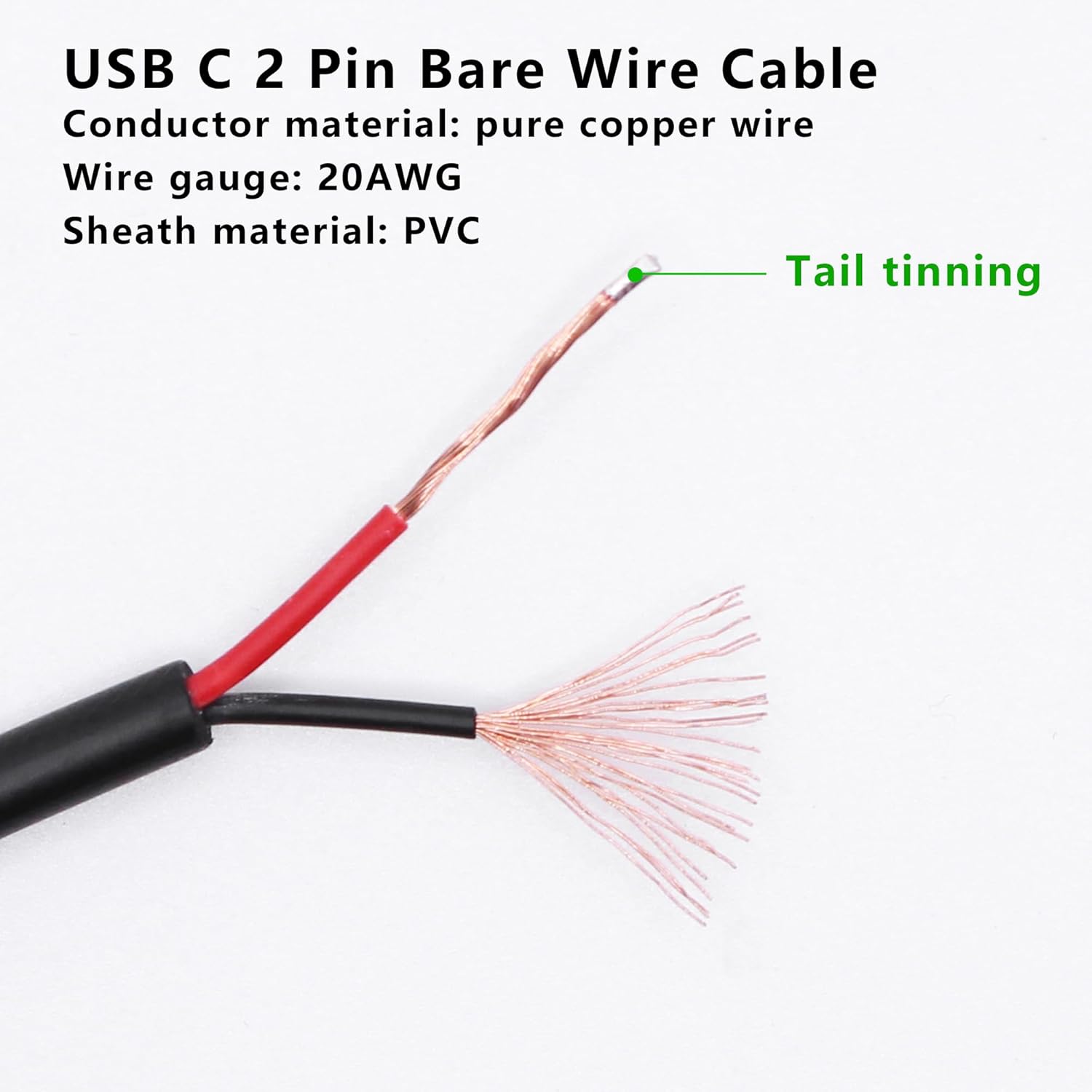 Detalle de Xilaghy USB C 2 Pin Power Pigtail Cable 1M/3.2ft (2 Pack) – DIY Power Cord Replacement
