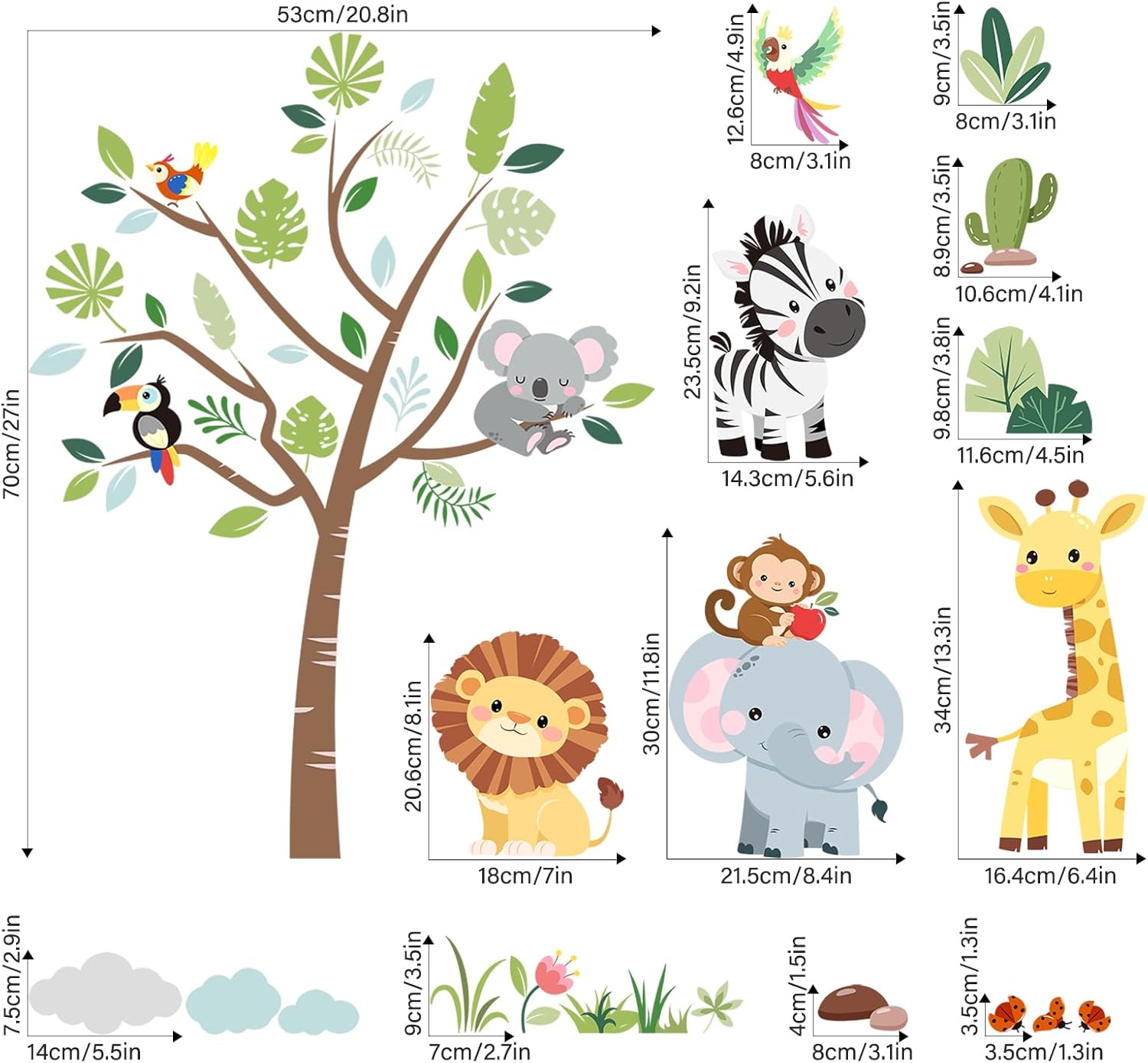 Thumbnail 3 de Supzone Jungle Animals Tree Wall Stickers: Safari Elephant, Giraffe, Lion & Zebra for Kids' Rooms