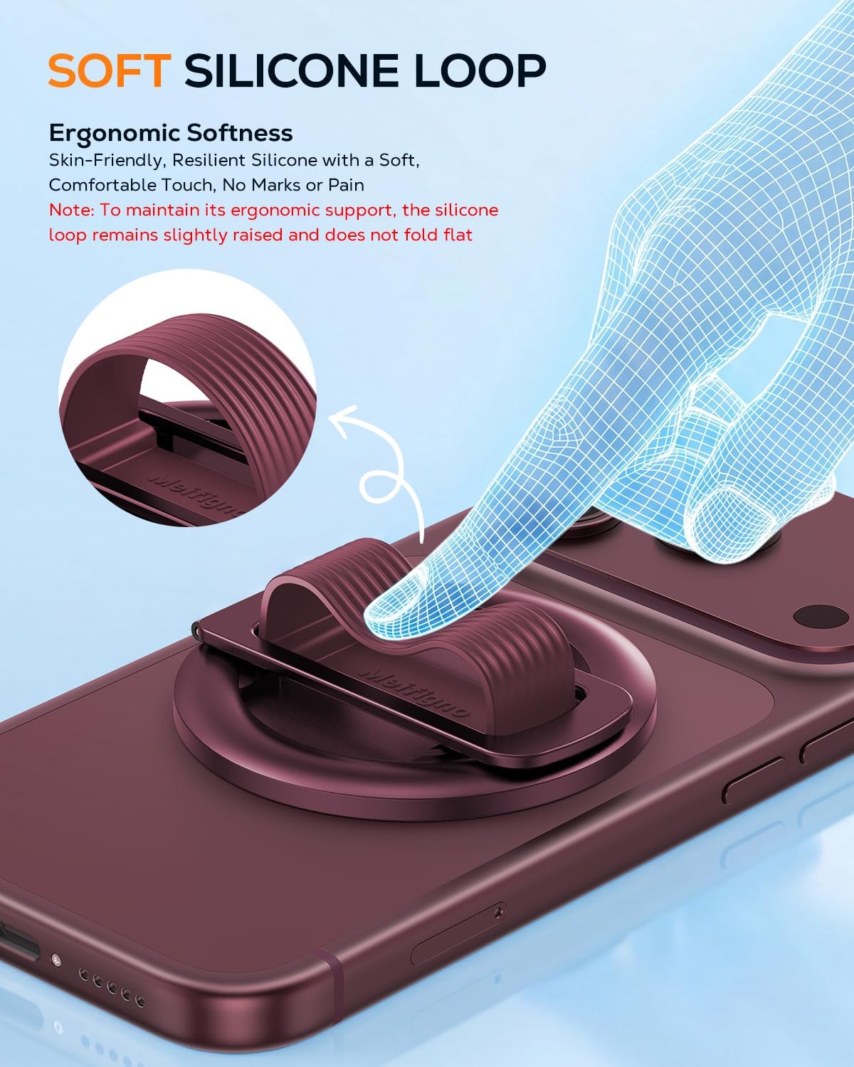 Detalle 1 de Meifigno Magnetic Phone Grip for MagSafe, Burgundy Silicone Loop with Mirror