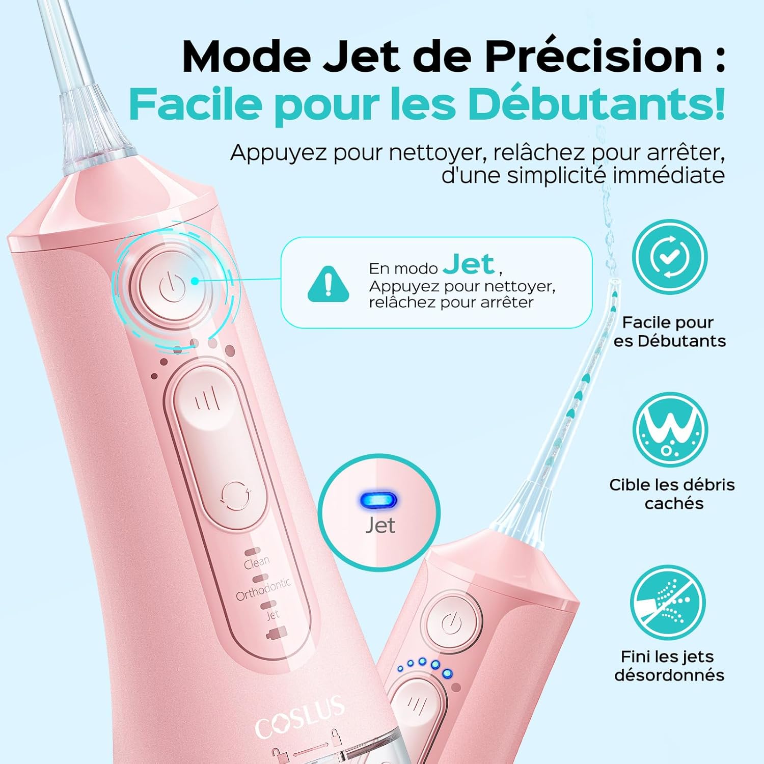 Thumbnail 2 de COSLUS Jet Dentaire Hydropulseur (C51) rose — 3 modes & 18 niveaux, compact pour orthodontie et gencives sensibles