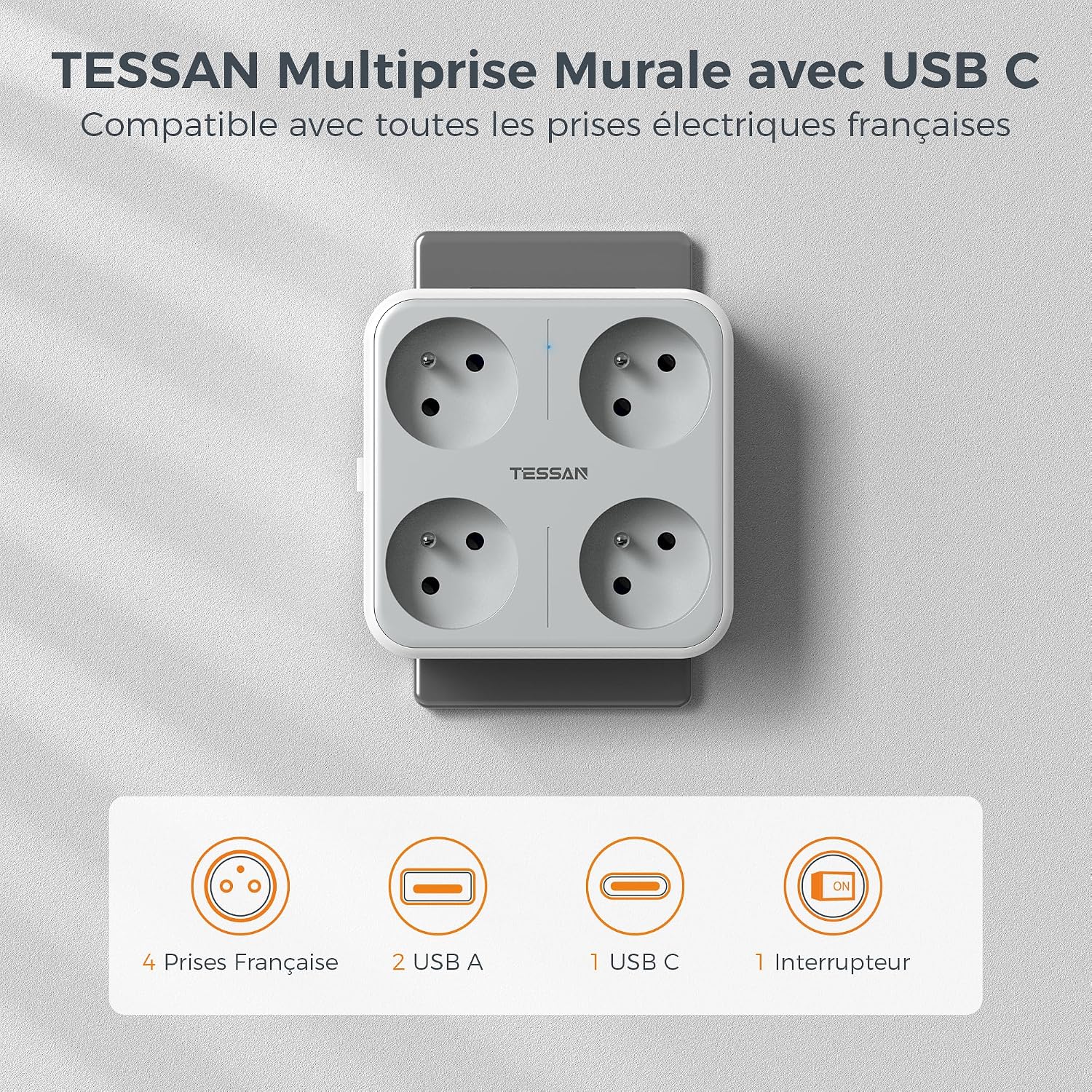 Detalle de TESSAN väggadapter för typ E med 4 uttag, 3 USB-portar och strömbrytare, 4 000 W, grå