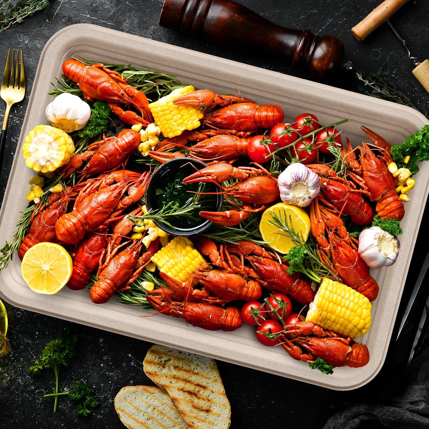Thumbnail 6 de ECOLipak 14-Inch Disposable Food Trays (100 Pack): Compostable, Heavy-Duty Crawfish & Party Serving Plates