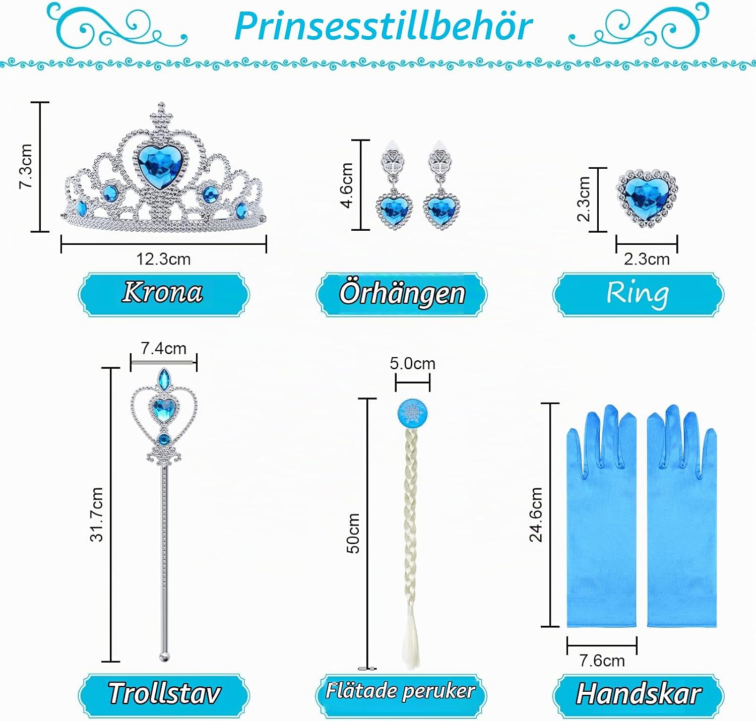 Detalle de URAQT prinsessdräkt med ljusblå klänning, organzakappa och 6 tillbehör