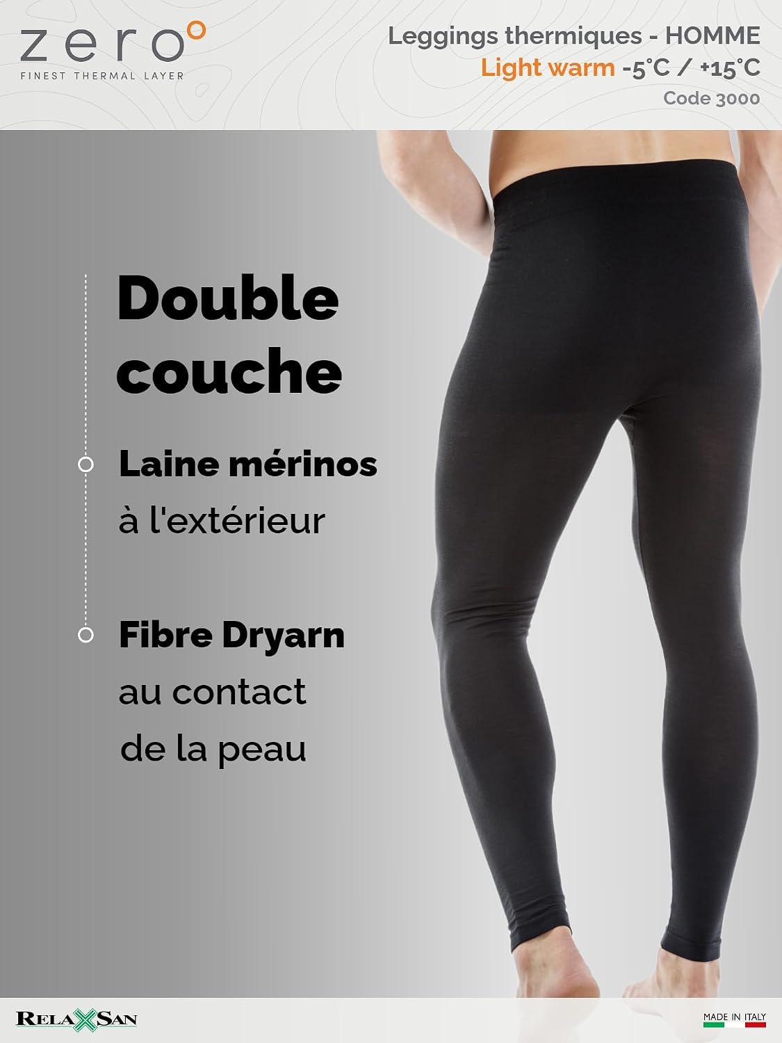 Detalle de Relaxsan Zero 3000 Homme – Pantalon collant thermique ultraléger en Dryarn et laine mérinos