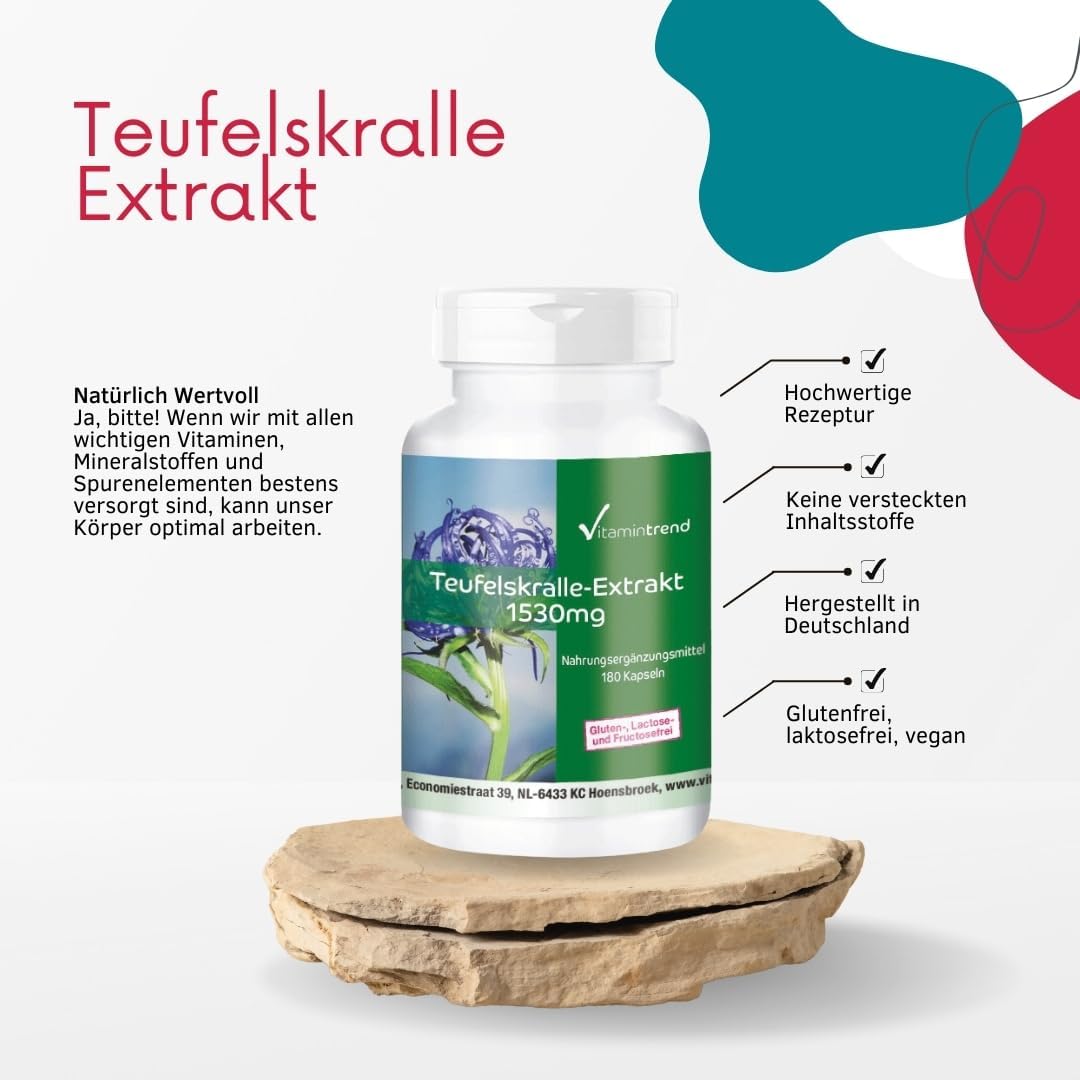 Detalle 2 de Vitamintrend Teufelskralle Hochdosiert 1530 mg Extrakt – 180 Kapseln, vegan, ohne Zusätze, in Deutschland hergestellt