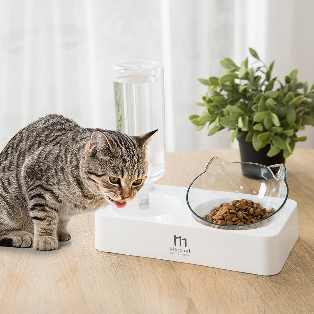 Thumbnail 1 de Marchul Cat Bowls with Mat: Tilted Double Feeding Bowl with Gravity Water Dish for Cats and Small Dogs