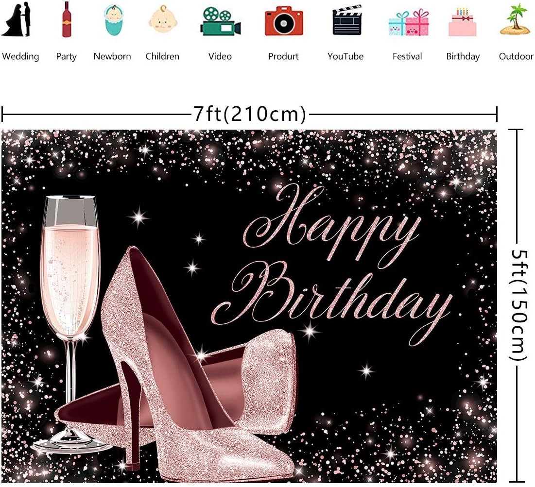 Thumbnail 5 de Happy Birthday Hintergrund für Frauen (Schwarz & Rosa) von BINQOO – Vinyl-Fotohintergrund mit Glitzer, 210 x 150 cm