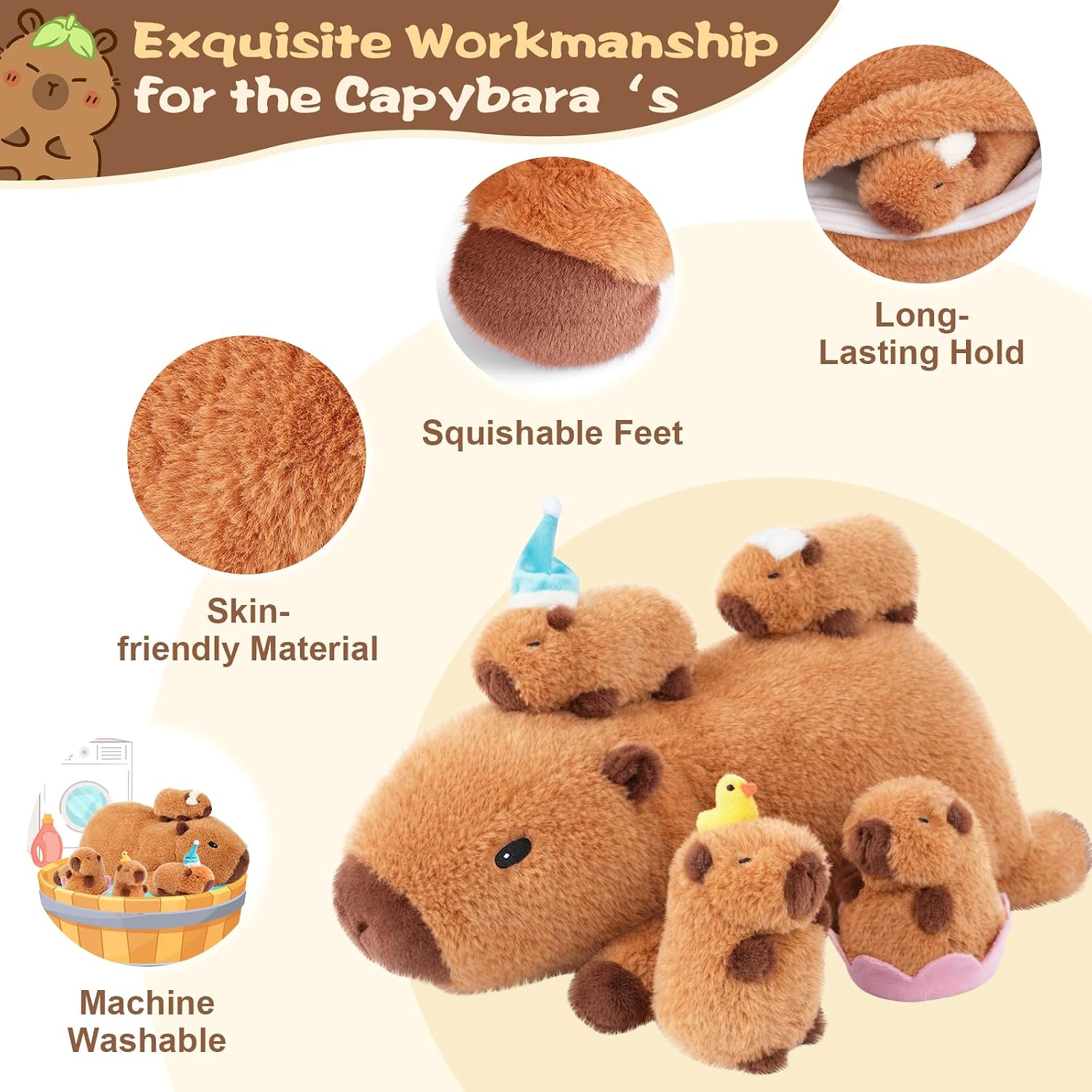 Detalle de SuzziPals Lotus Capybara Plush with 4 Babies, 17-Inch Mom and Washable Set