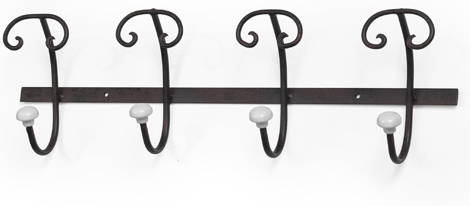 Detalle de Baroni Home Appendiabiti da Parete Shabby Chic Nero – Ferro battuto, 4 ganci doppi, 8 posti