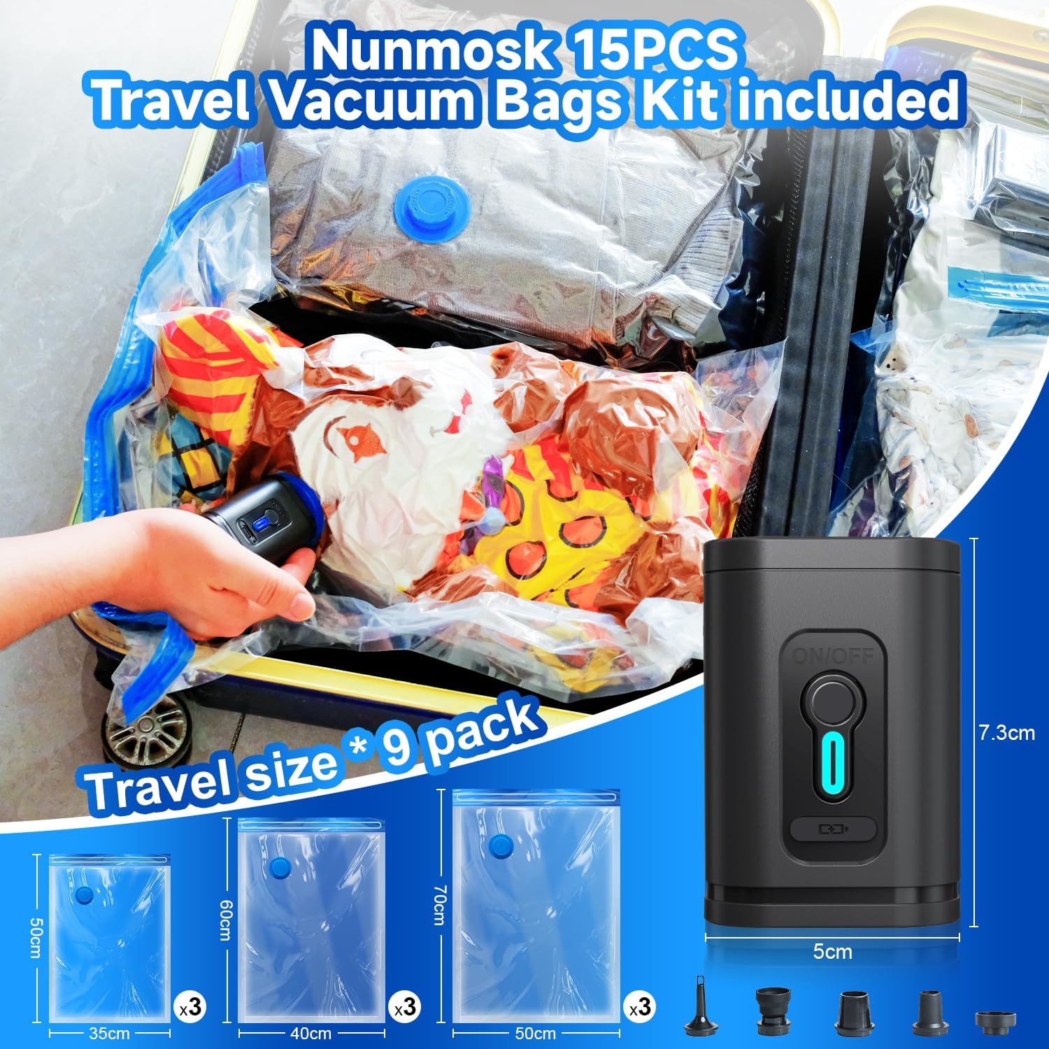 Thumbnail 1 de Nunemosk 9 Pack Vacuum Storage Bags with Wireless Electric Air Pump – Space-Saving Set for Travel and Home