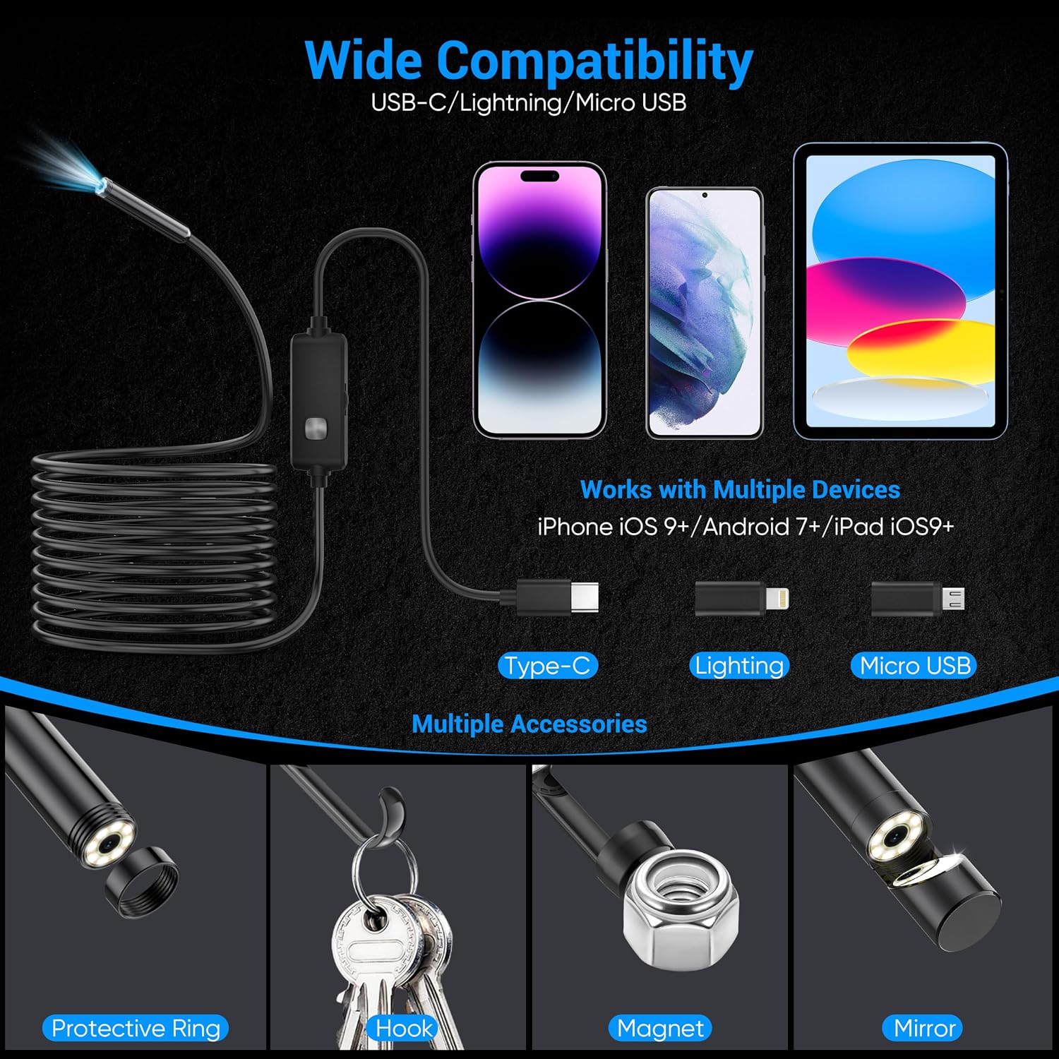 Detalle 1 de Ditomil Endoscope Camera, 1920×1440, 16.4ft Semi-Rigid Cable, 8 LEDs
