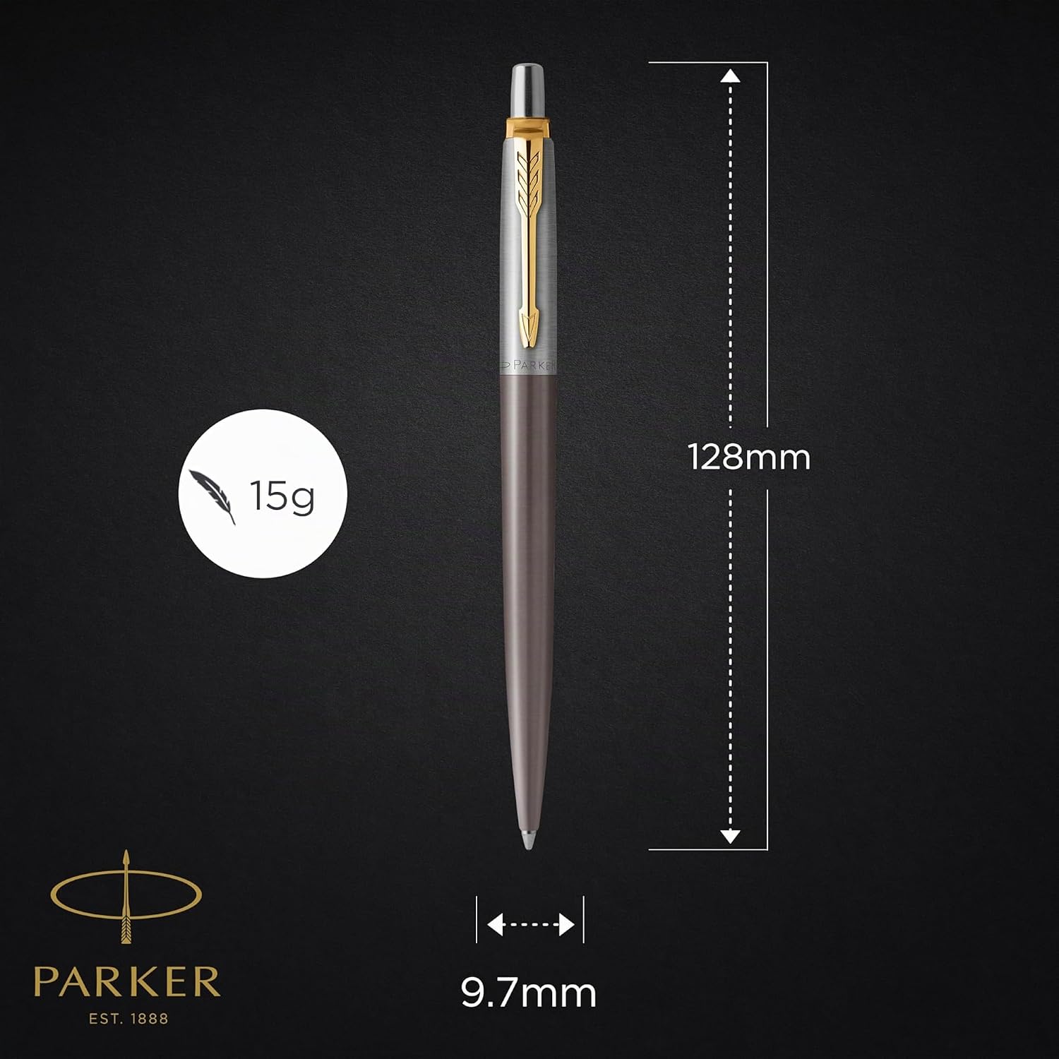 Detalle de Parker Jotter Kugelschreiber grau lackiert mit goldenen Zierteilen (mittlere Spitze) im Nachfüllpack | Geschenkbox