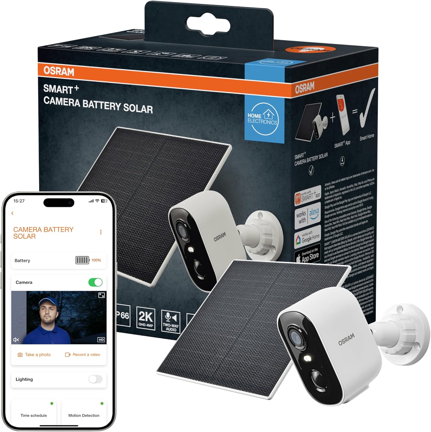 Detalle de OSRAM Telecamera solare per esterni SMART+ WiFi 4 MP 2K IP66 con PIR, batteria 5200 mAh e Alexa (bianco)