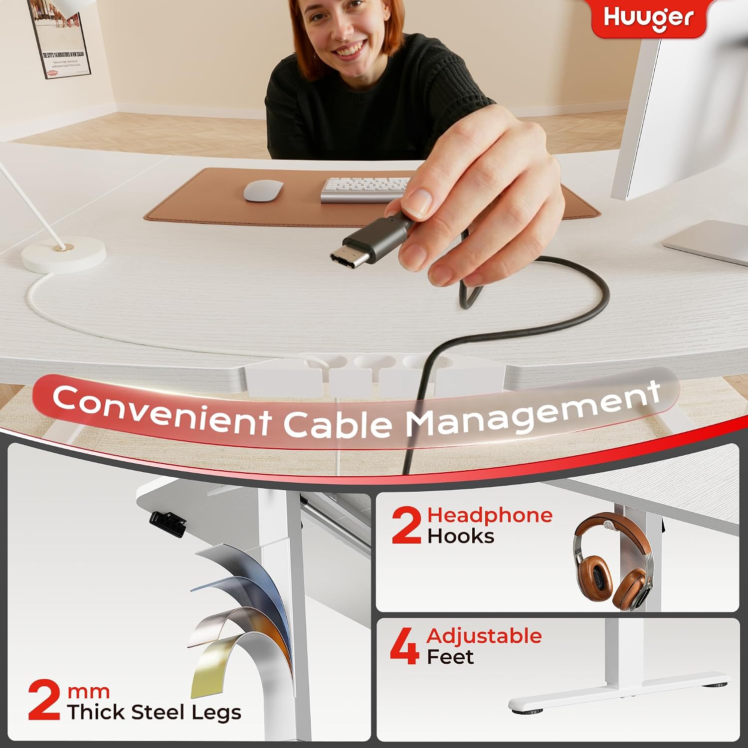Detalle de Huuger 63 x 24 Inch Electric Standing Desk with Outlets and USB-C (White)