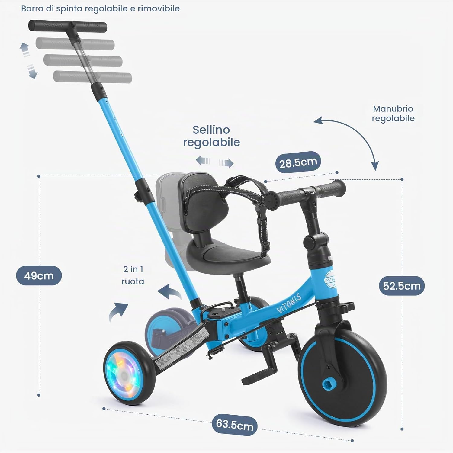 Thumbnail 6 de VITONIS Triciclo 5 in 1 per bambini 18 mesi-5 anni blu con ruote lampeggianti