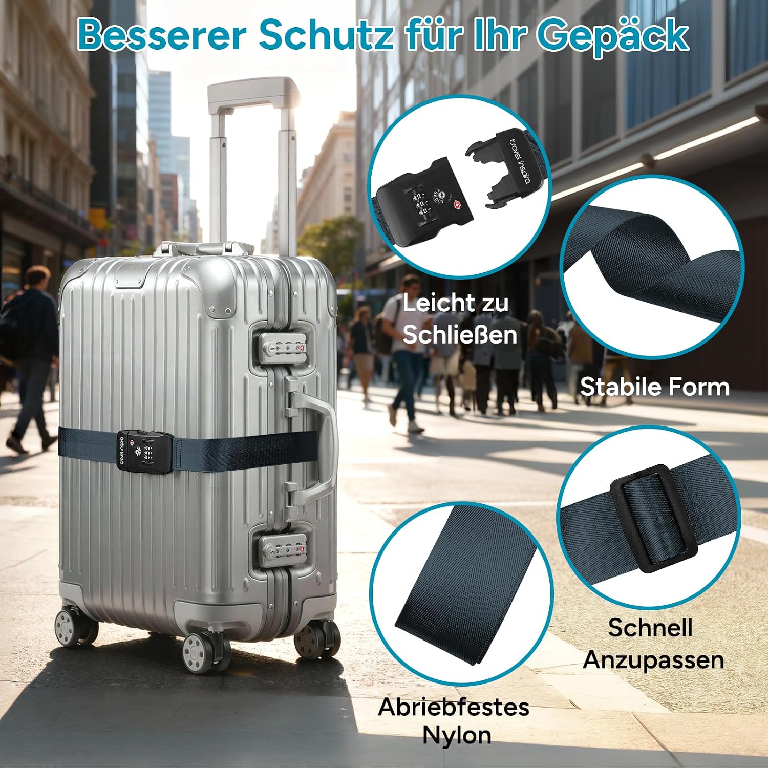 Detalle de travel inspira TSA-Koffergurt mit Zahlenschloss, verstellbar bis 200 cm (für 20–32" Koffer), dunkelblau