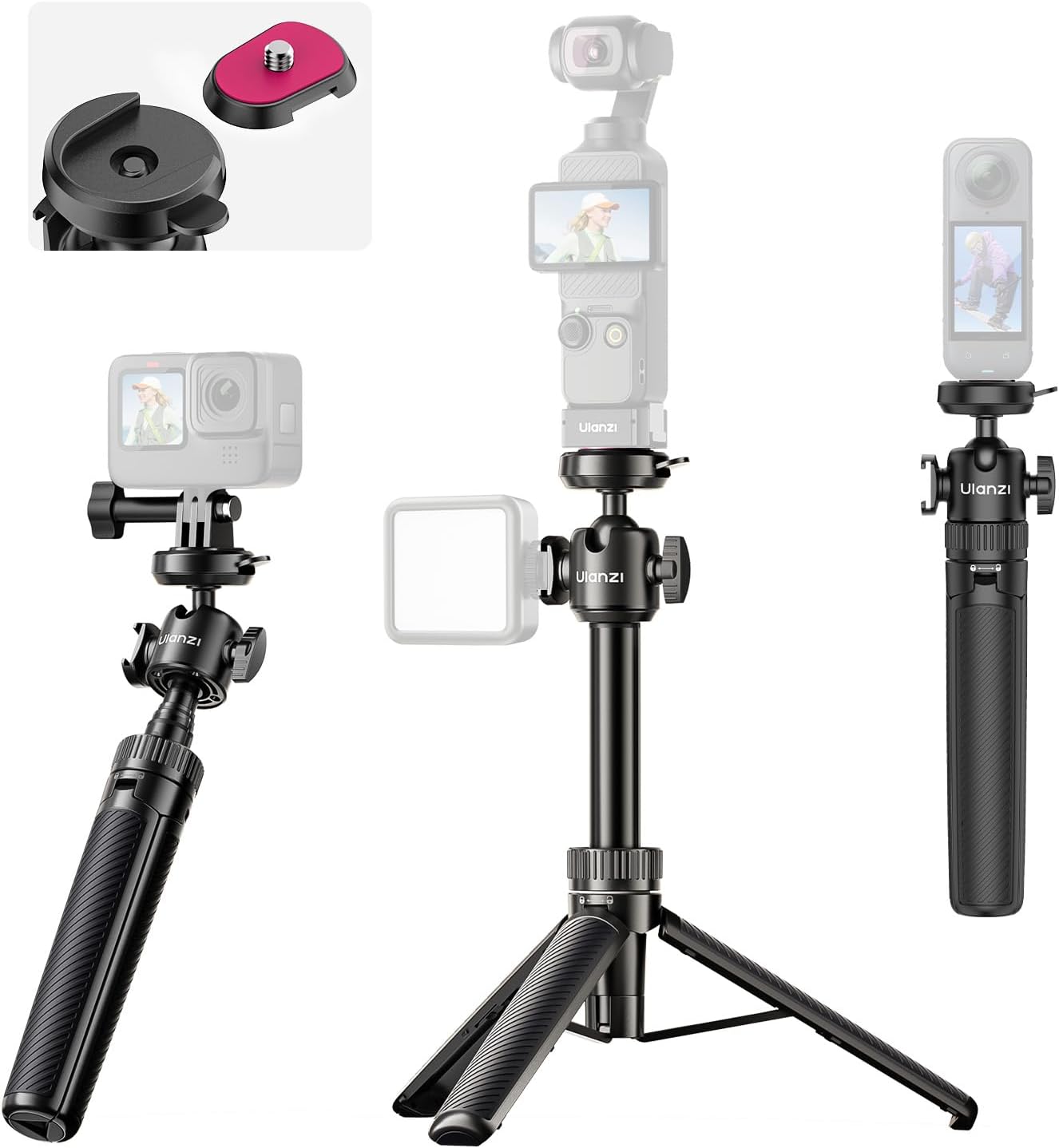 Detalle de ULANZI MT90 Mini trépied 2-en-1 avec perche selfie et fixation rapide CKA pour caméra d’action