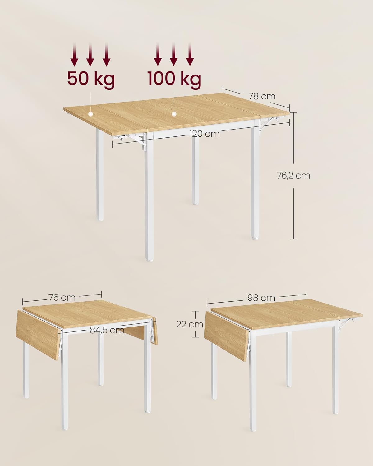 Detalle de VASAGLE klappbarer Esstisch KDT077Y01 für 2–4 Personen – für kleine Räume
