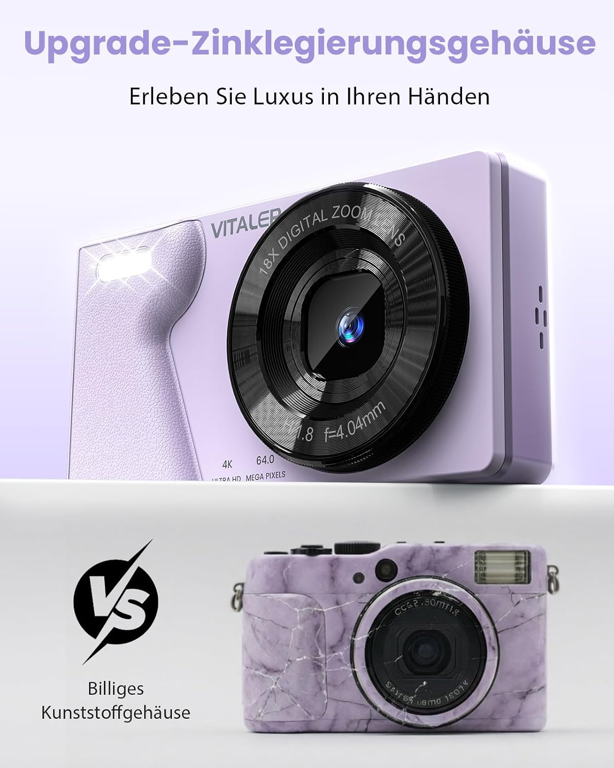 Detalle de Digitalkamera 64MP Fotokamera 4K mit Doppelobjektiv – kompakt, leicht und kreativ (Lila, OHNE SD-KARTE)