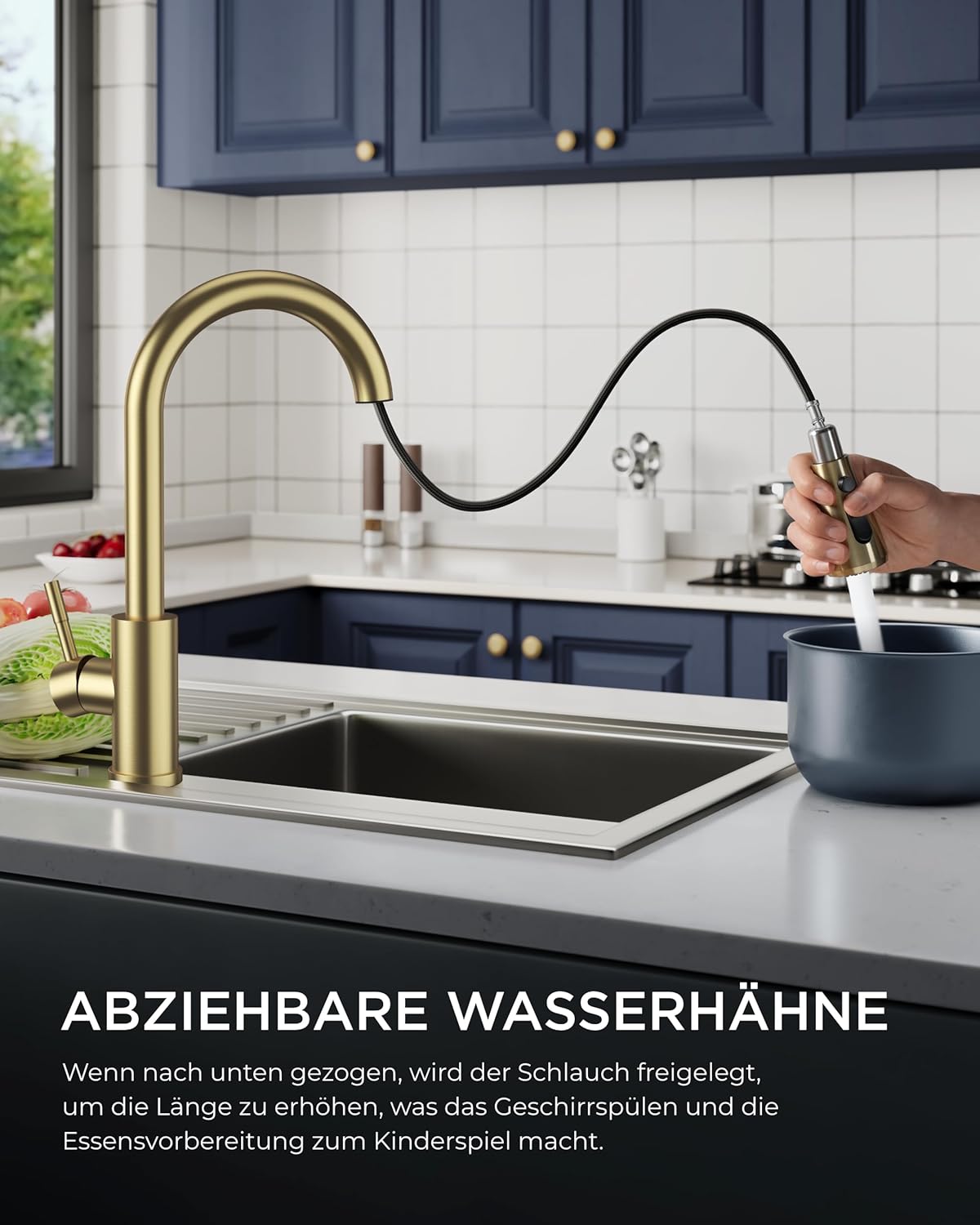 Thumbnail 1 de FORIOUS Küchenarmatur mit Ausziehbrause (360°), 2 Strahlarten, versenkbar – gebürstetes Gold